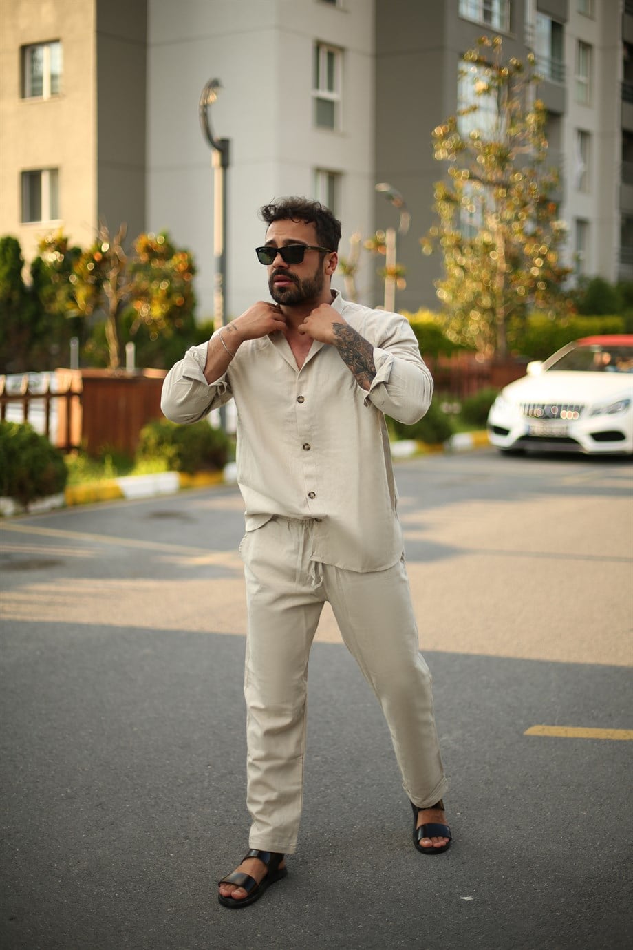 EŞOFMAN TAKIMIErkek Krem Keten Alt Üst Uzunkol Takım 