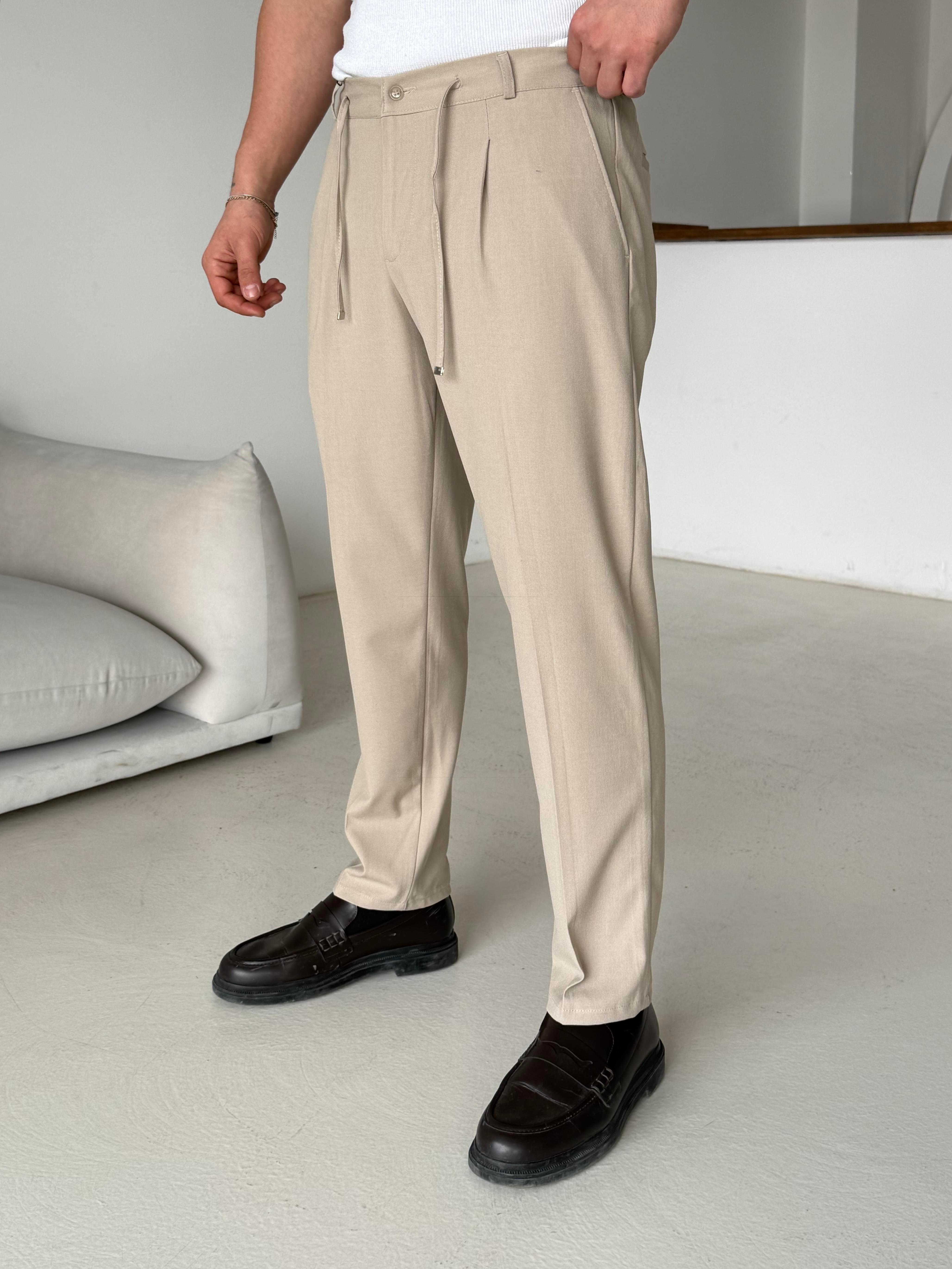 GabardinBej Pileli Lastikli Bağcıklı Regular Kumaş Pantalon SC