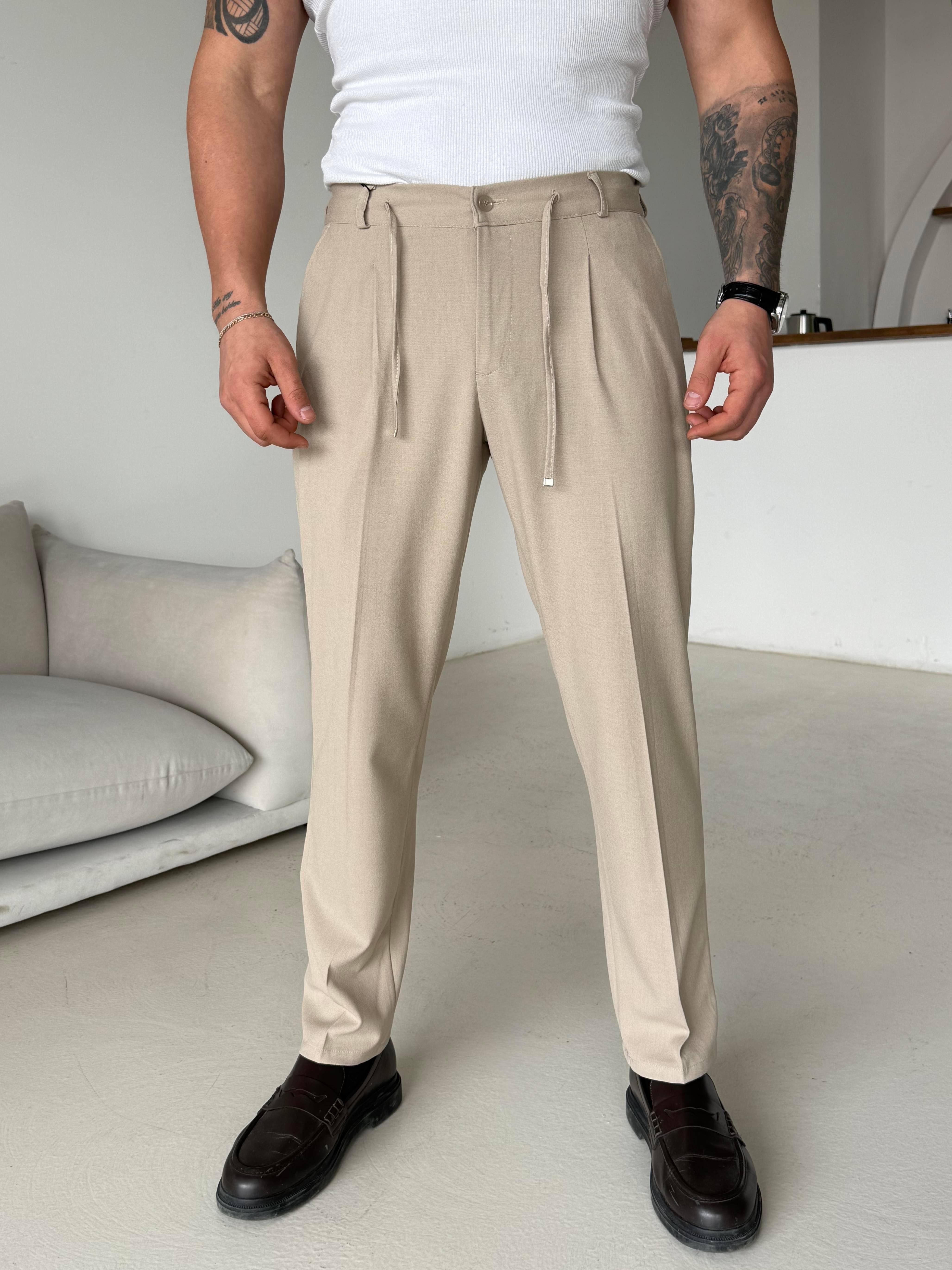 GabardinBej Pileli Lastikli Bağcıklı Regular Kumaş Pantalon SC