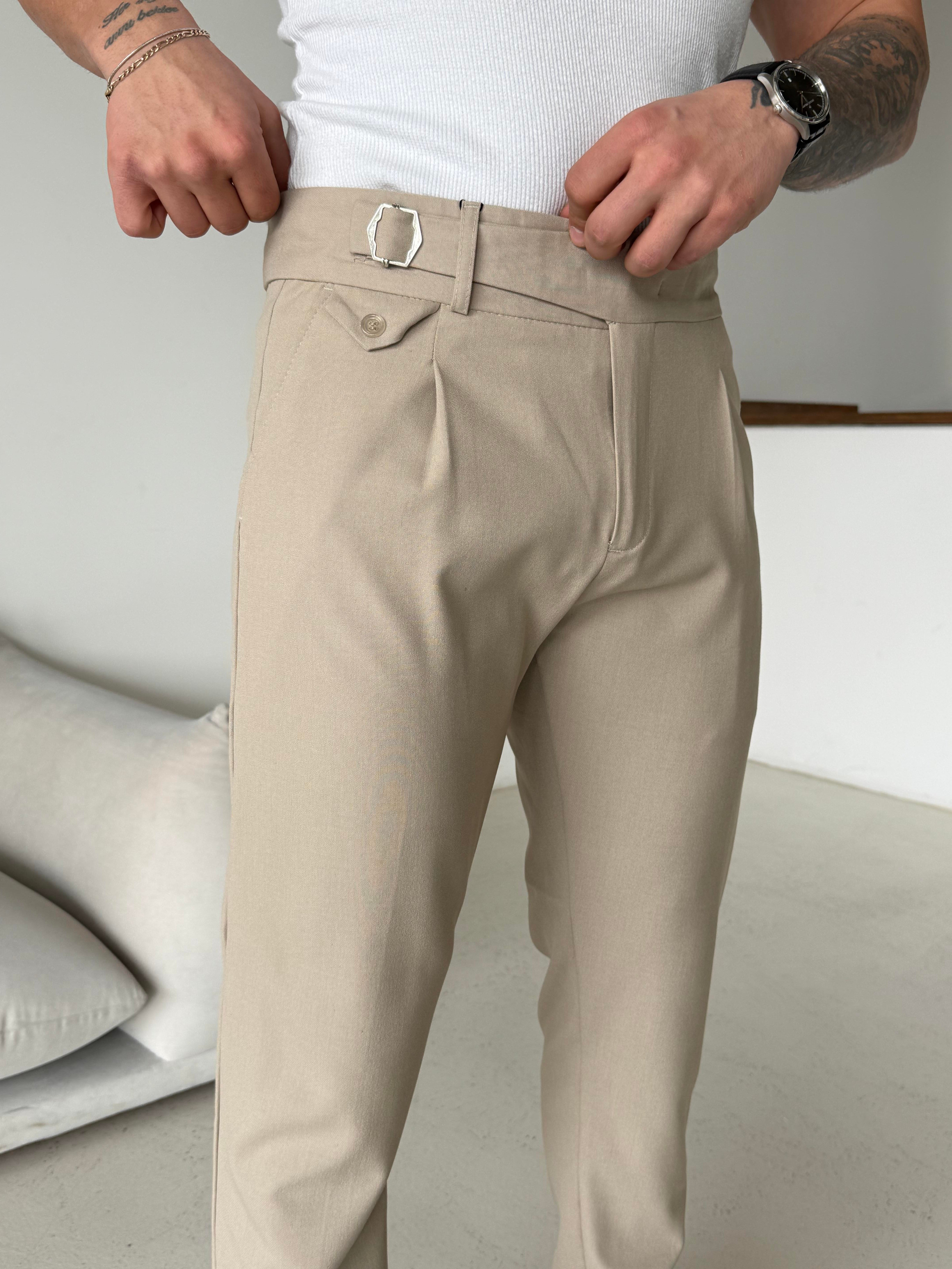 GabardinBej Tokalı Regular Fit Kumaş Pantalon SC