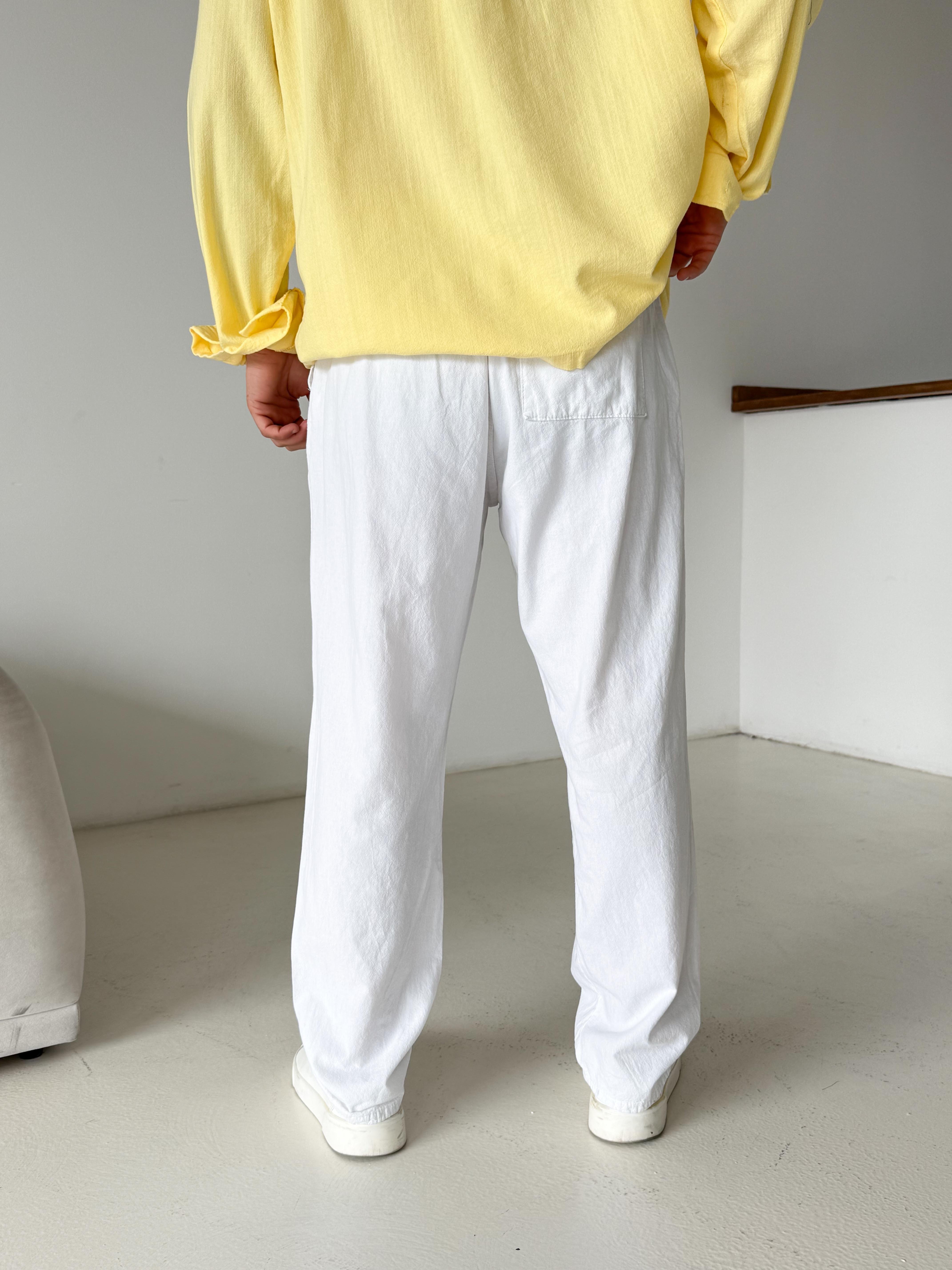 GabardinBeyaz Düğmeli Ham Keten Pantalon TK