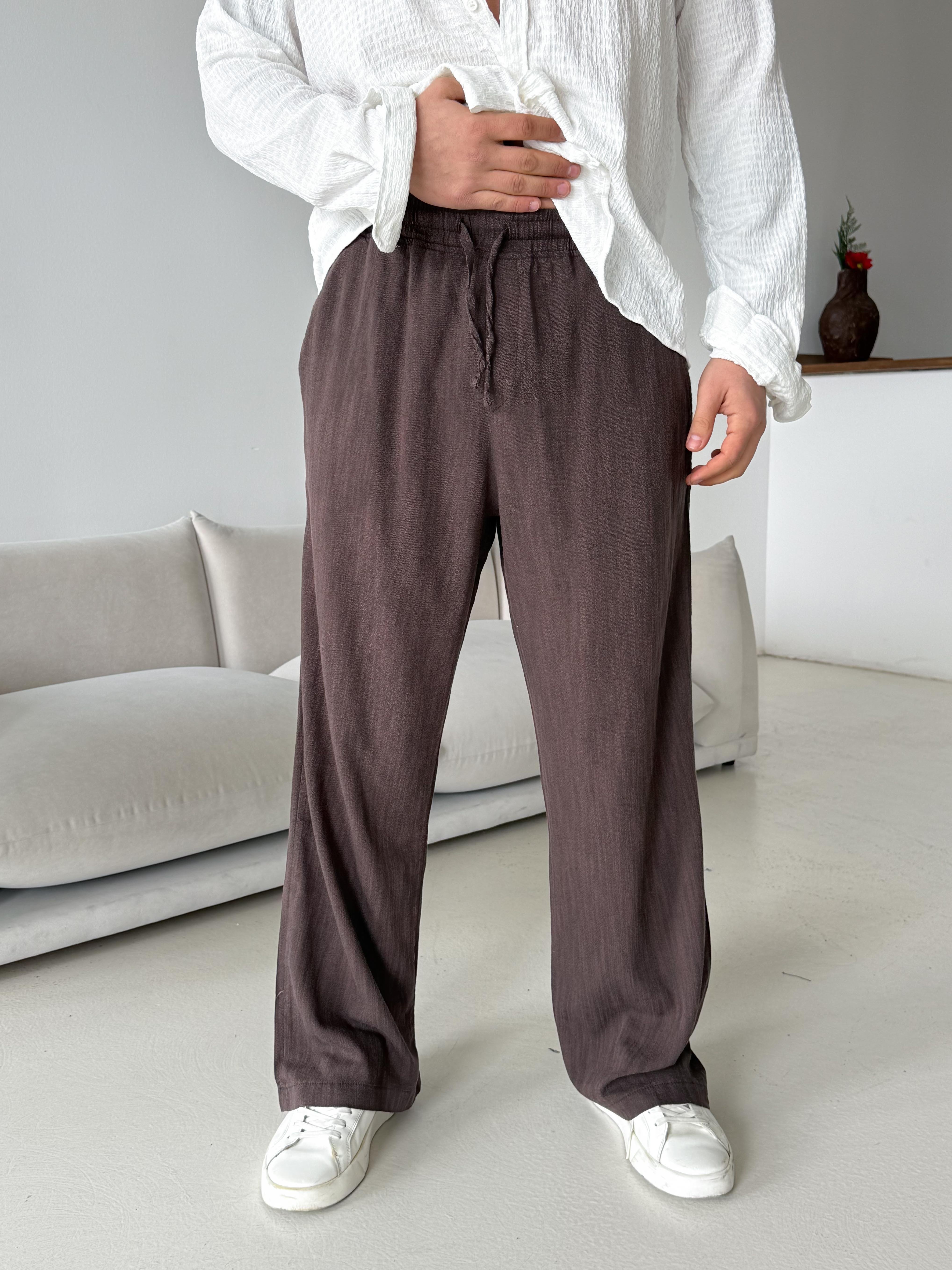 GabardinKahve Fresh Yıkamalı Keten Pantalon JJ Y116