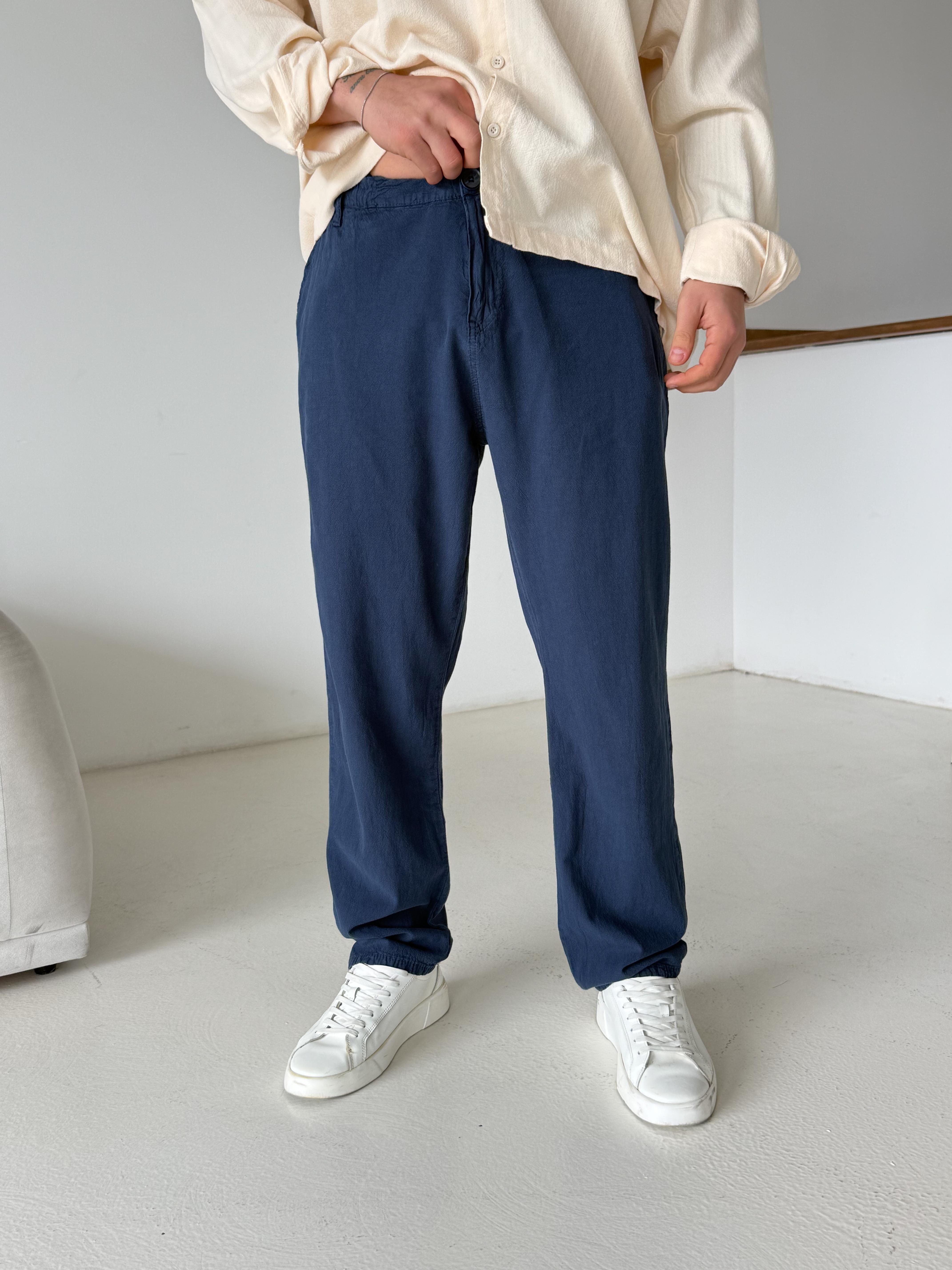 GabardinLacivert Düğmeli Ham Keten Pantalon TK