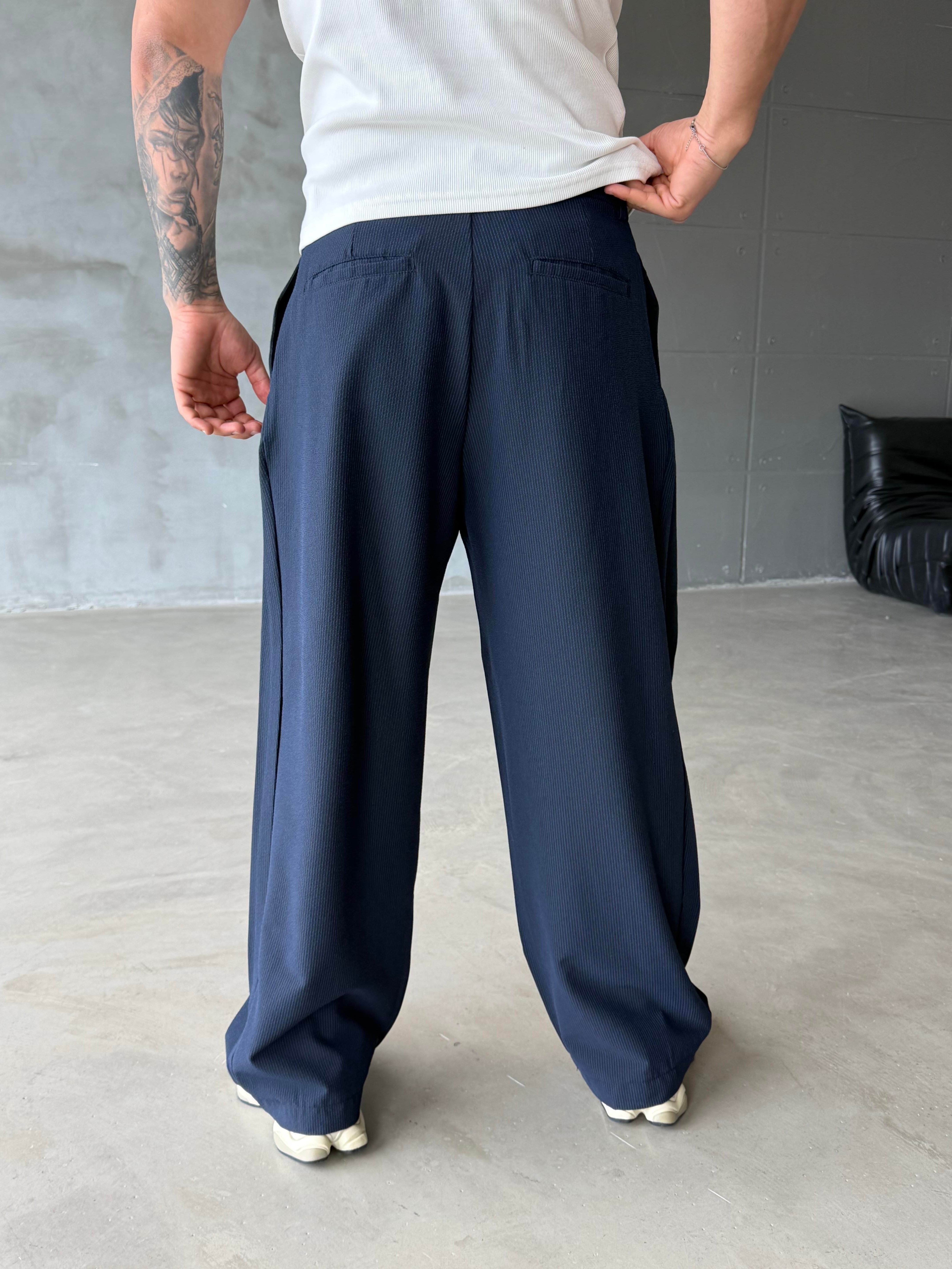 GabardinLacivert Kore Kalıp Çizgili Kumaş Pantalon SNZ 1455