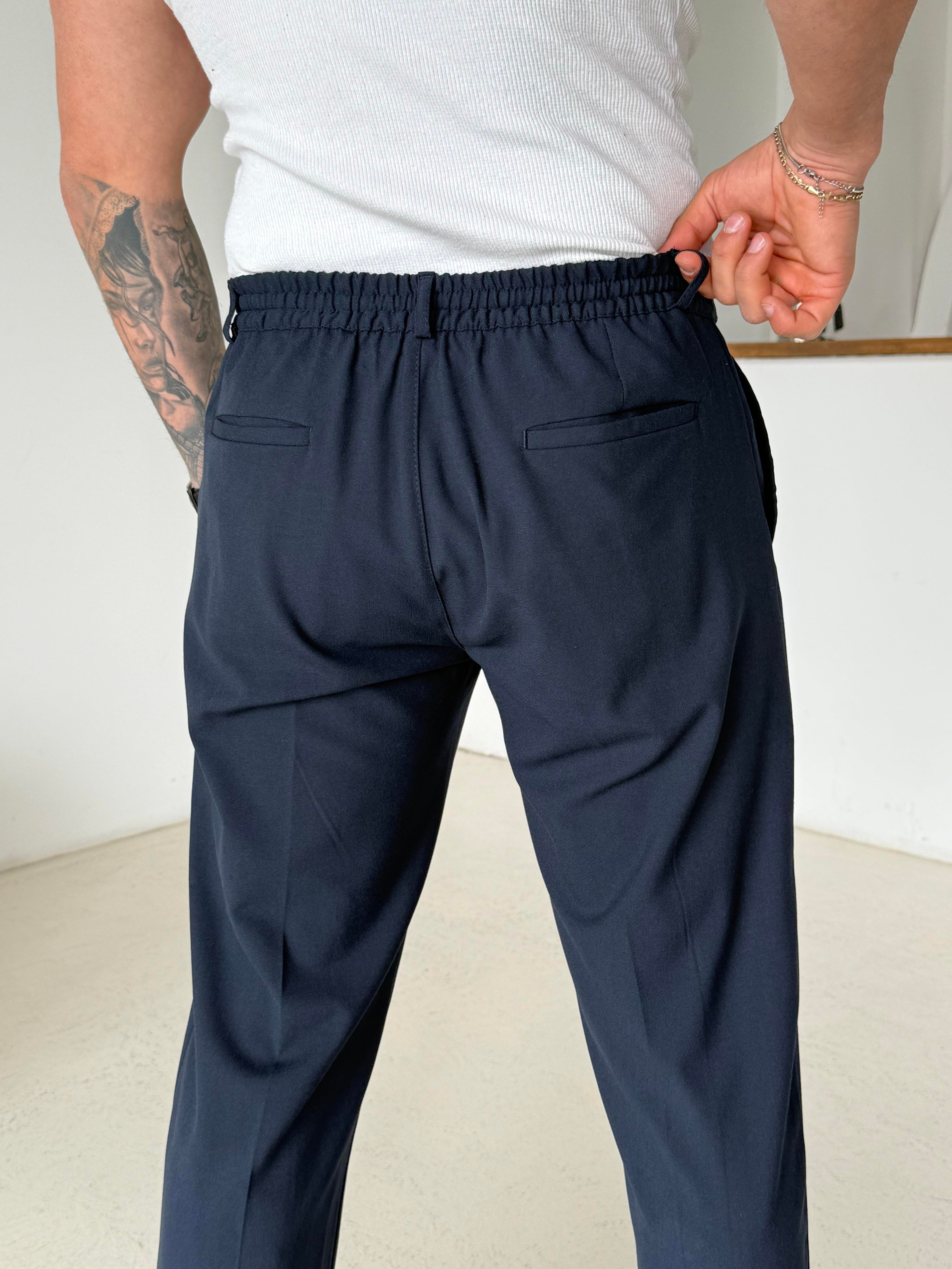 GabardinLacivert Pileli Lastikli Bağcıklı Regular Kumaş Pantalon SC