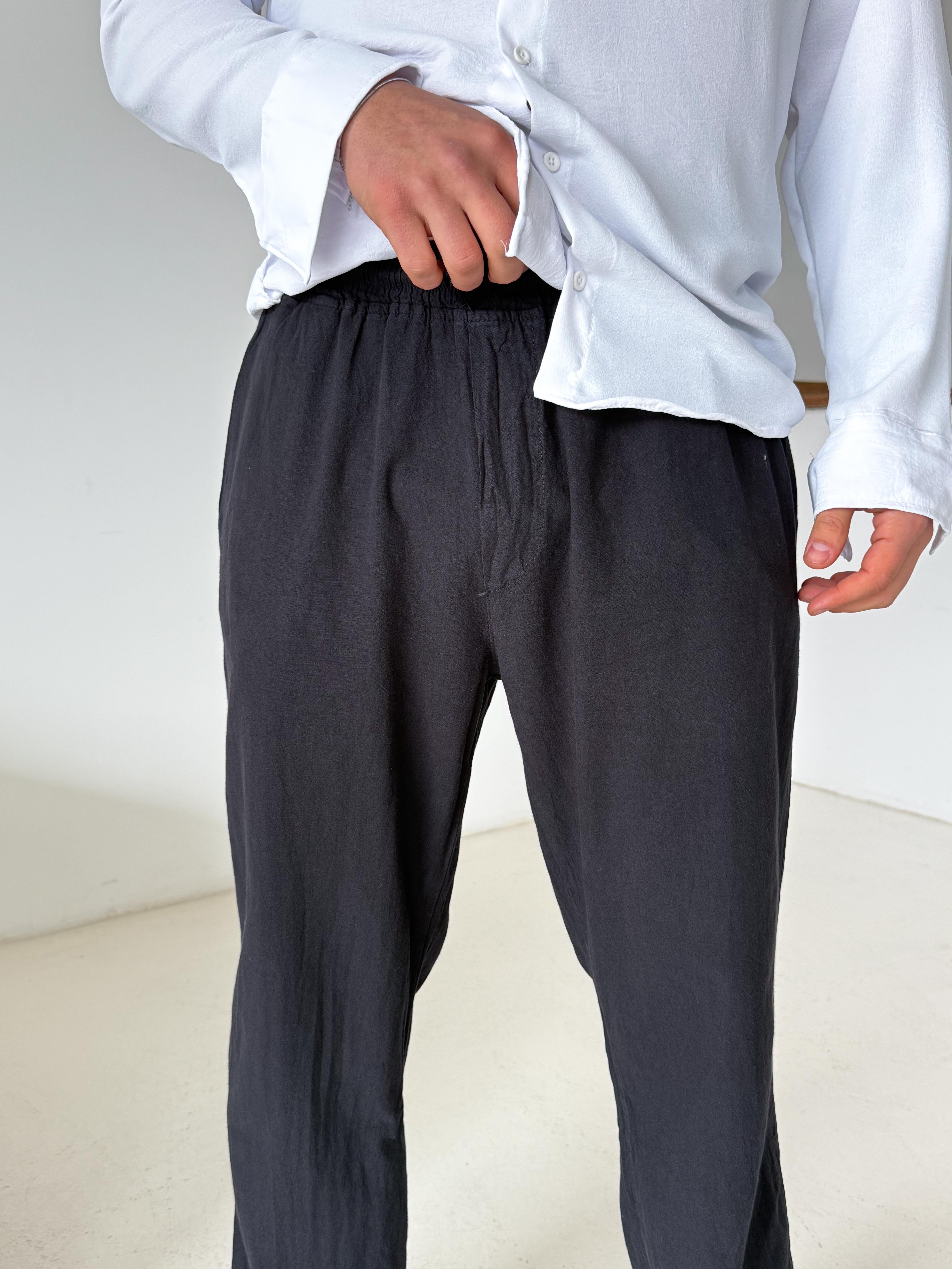 GabardinSiyah Bel Lastikli Keten Pantalon TK