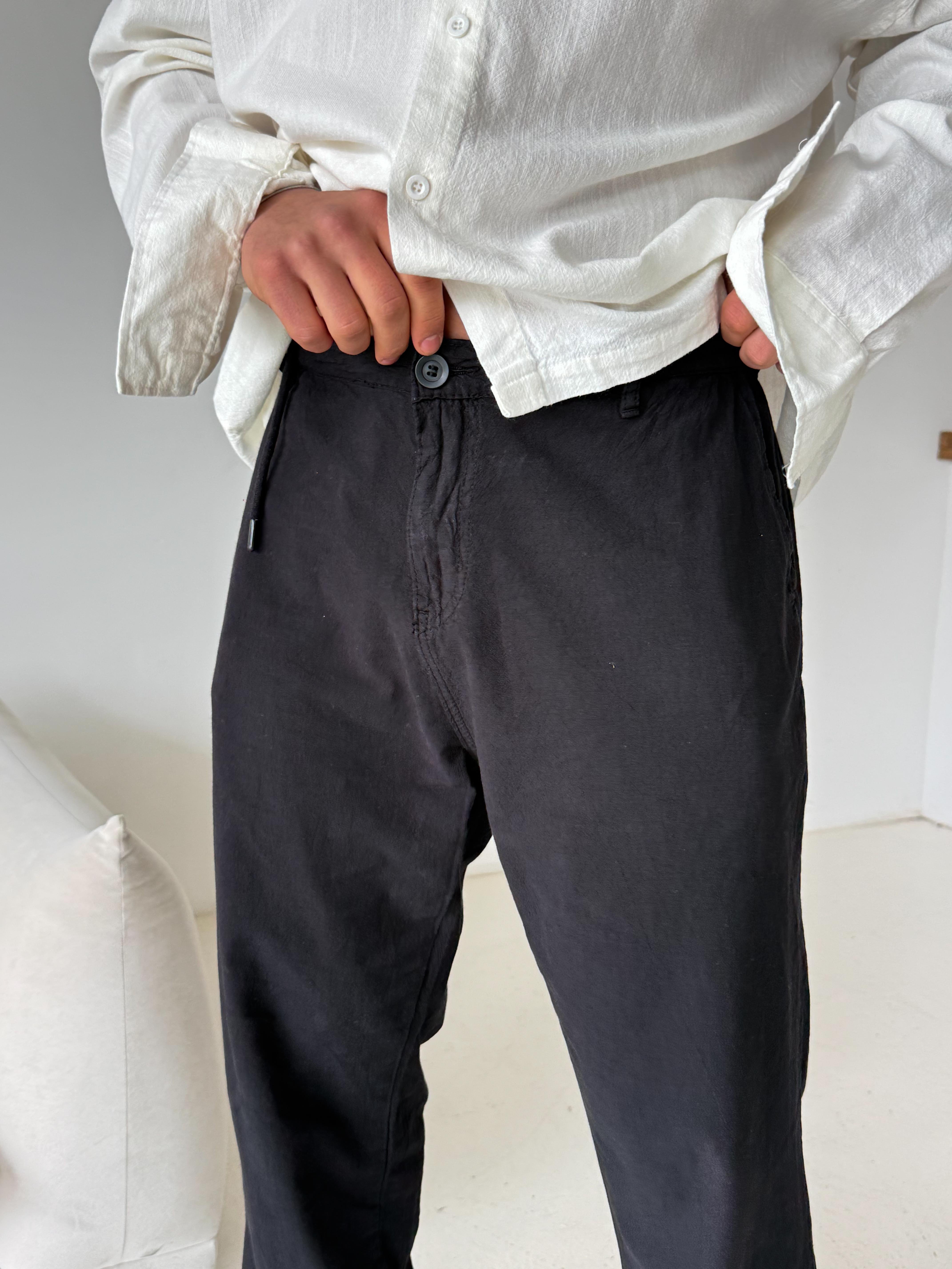 GabardinSiyah Düğmeli Ham Keten Pantalon TK