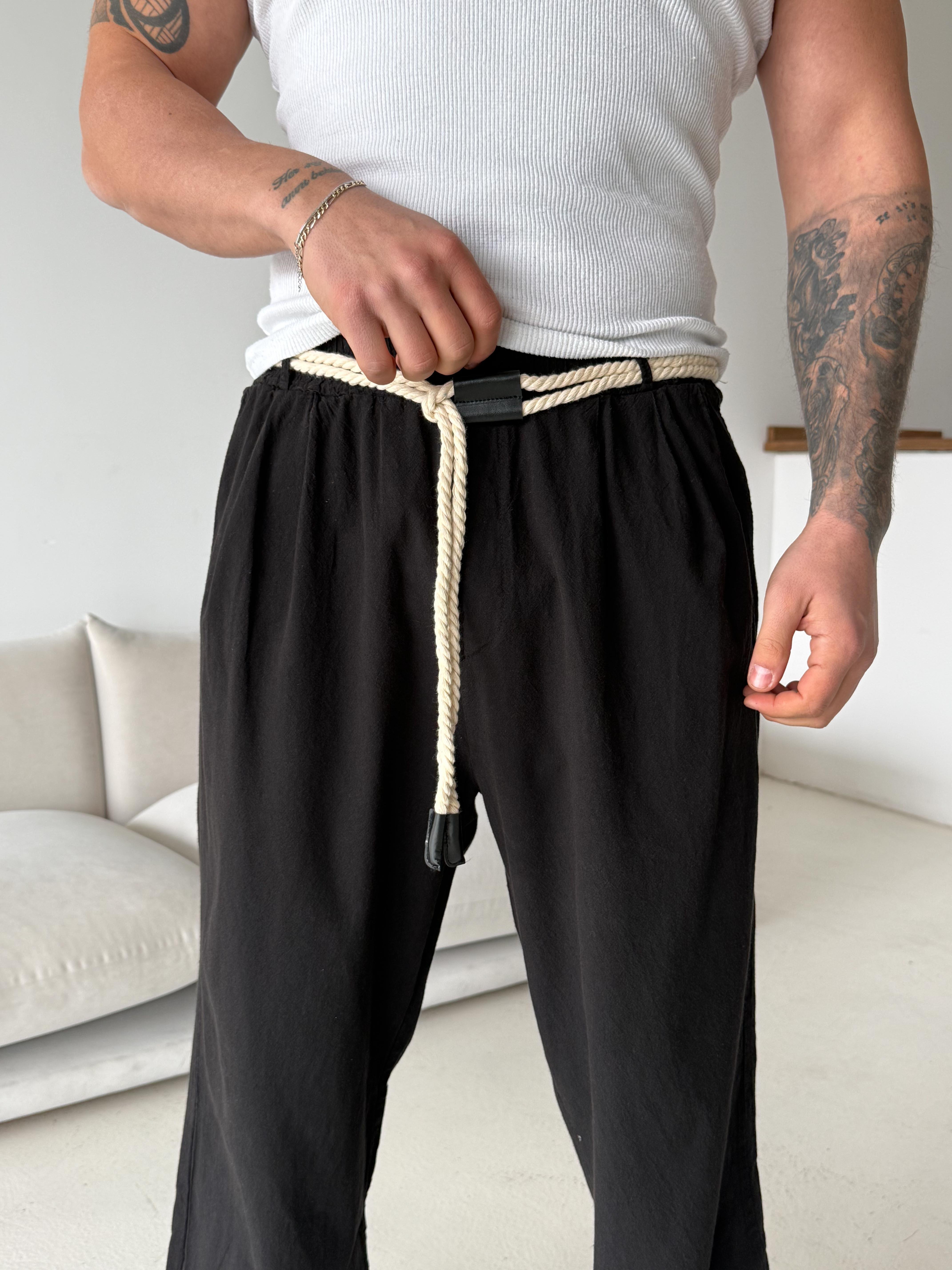 GabardinSiyah Hasır Kemer Bol Keten Pantalon VMS V40-640