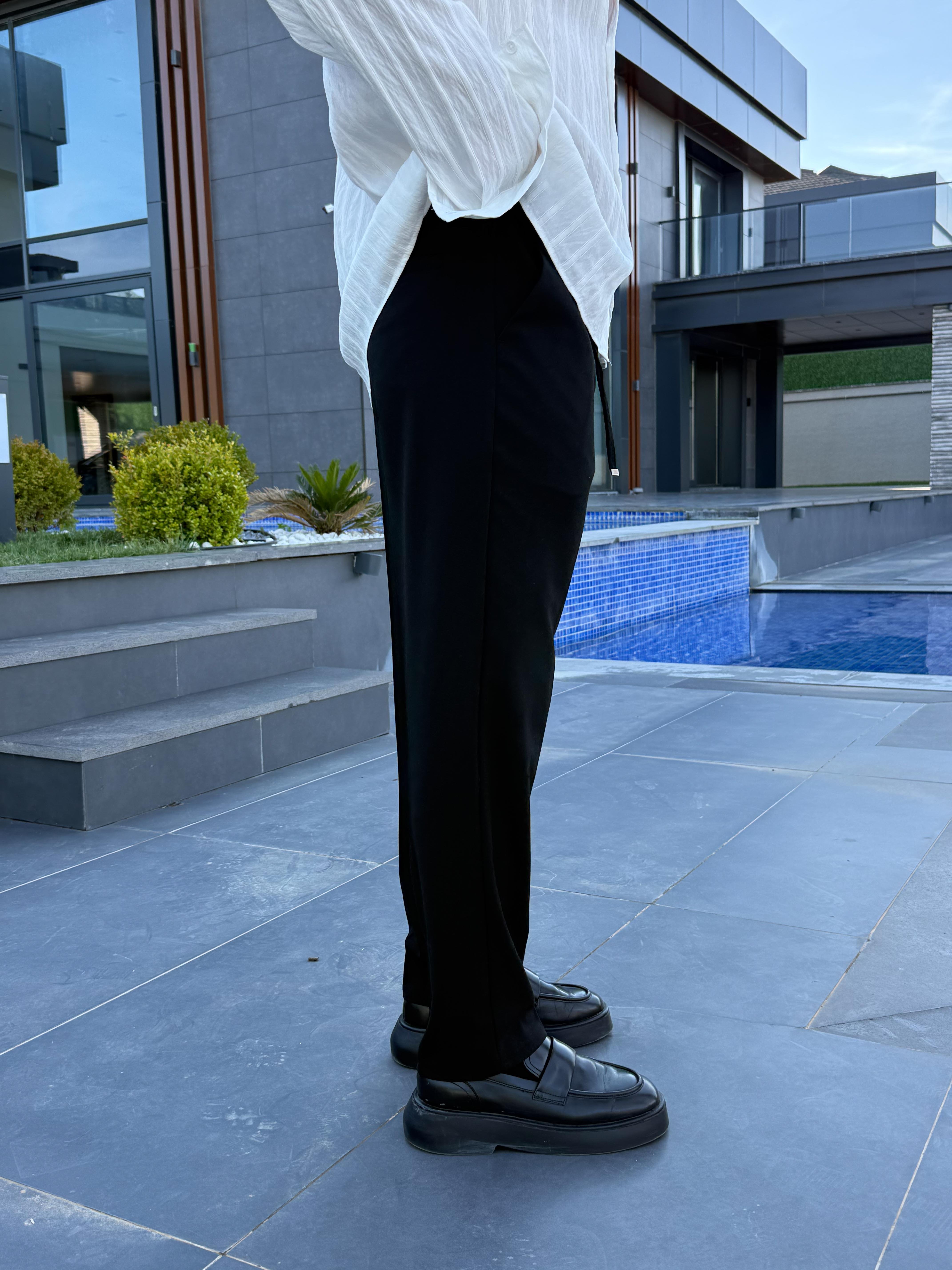 GabardinSiyah Lastikli Bağcıklı Pamuk Bezayağı Regular Fit Kumaş Pant snz 1265