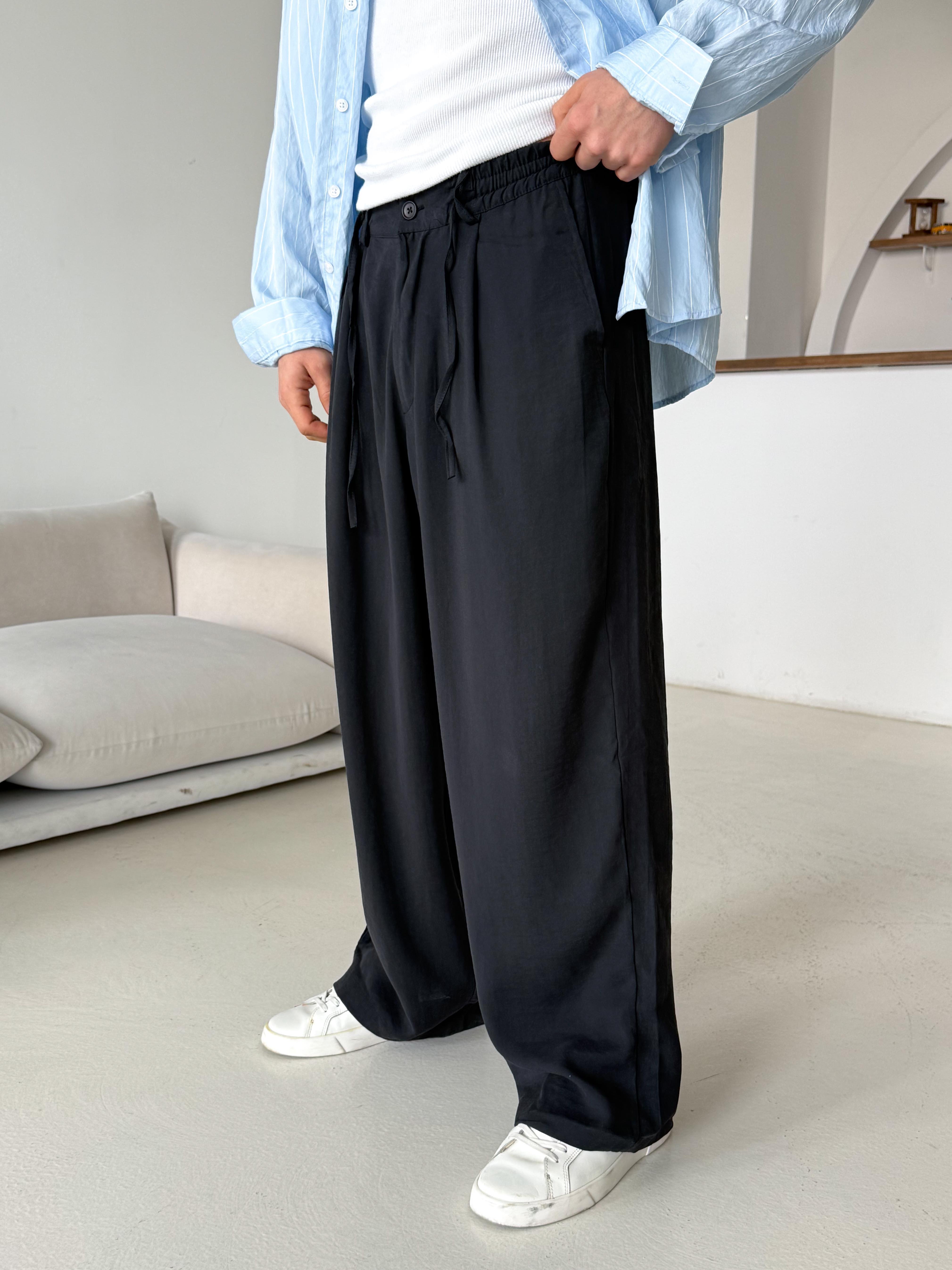 GabardinSiyah Modal Yarım Lastikli Baggy Pantalon 4066