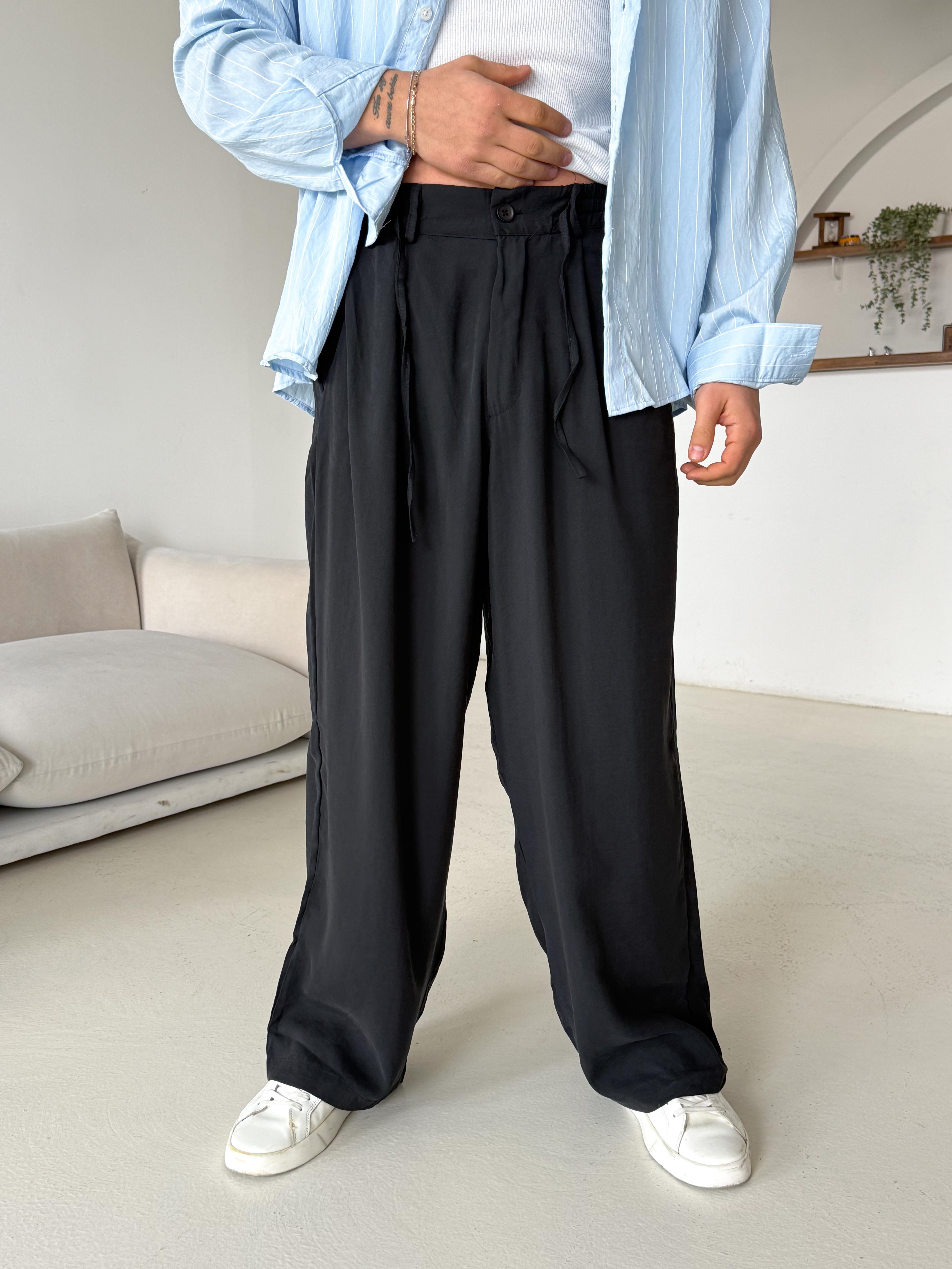 GabardinSiyah Modal Yarım Lastikli Baggy Pantalon 4066
