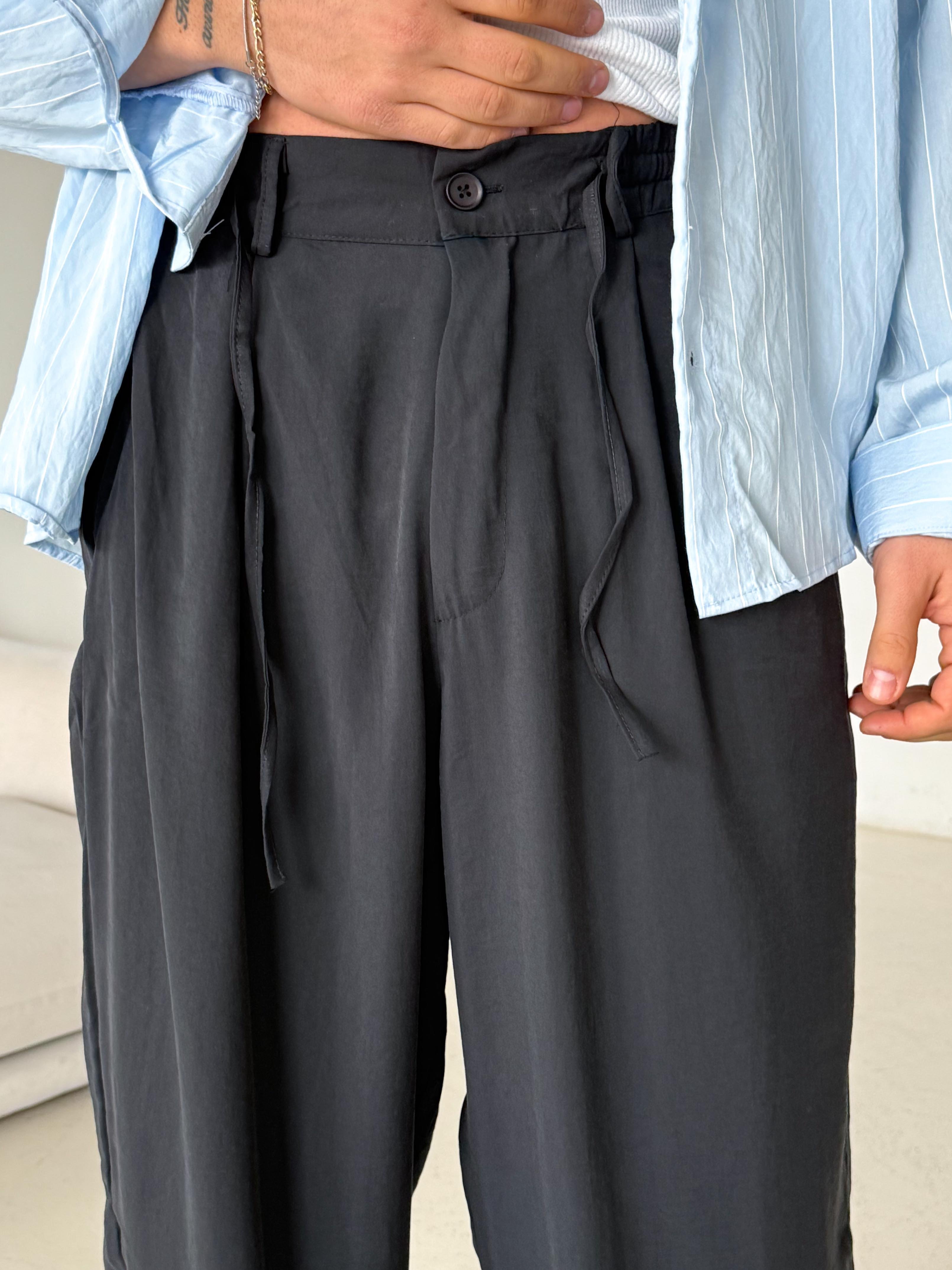 GabardinSiyah Modal Yarım Lastikli Baggy Pantalon 4066