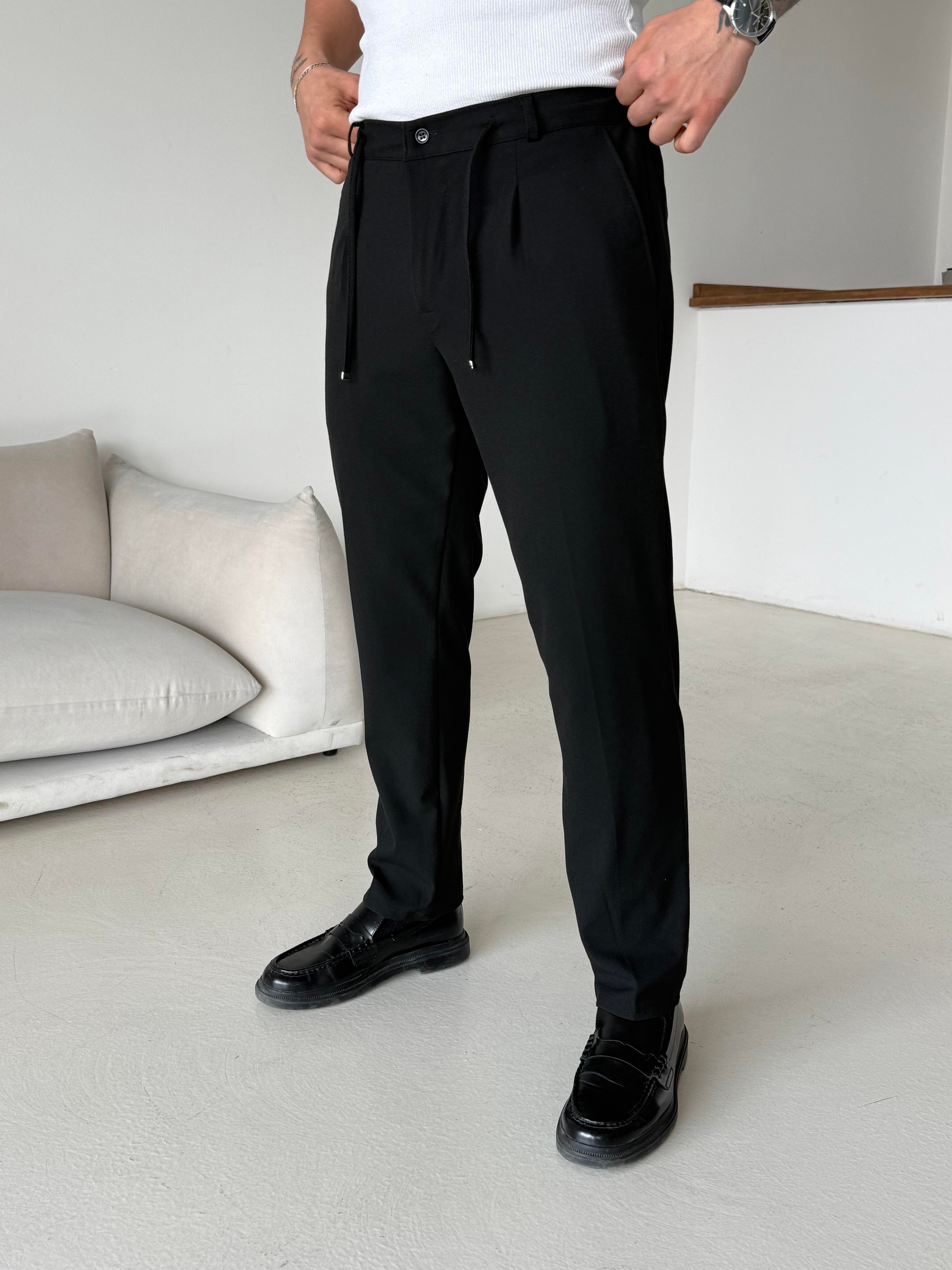 GabardinSiyah Pileli Lastikli Bağcıklı Regular Kumaş Pantalon SC