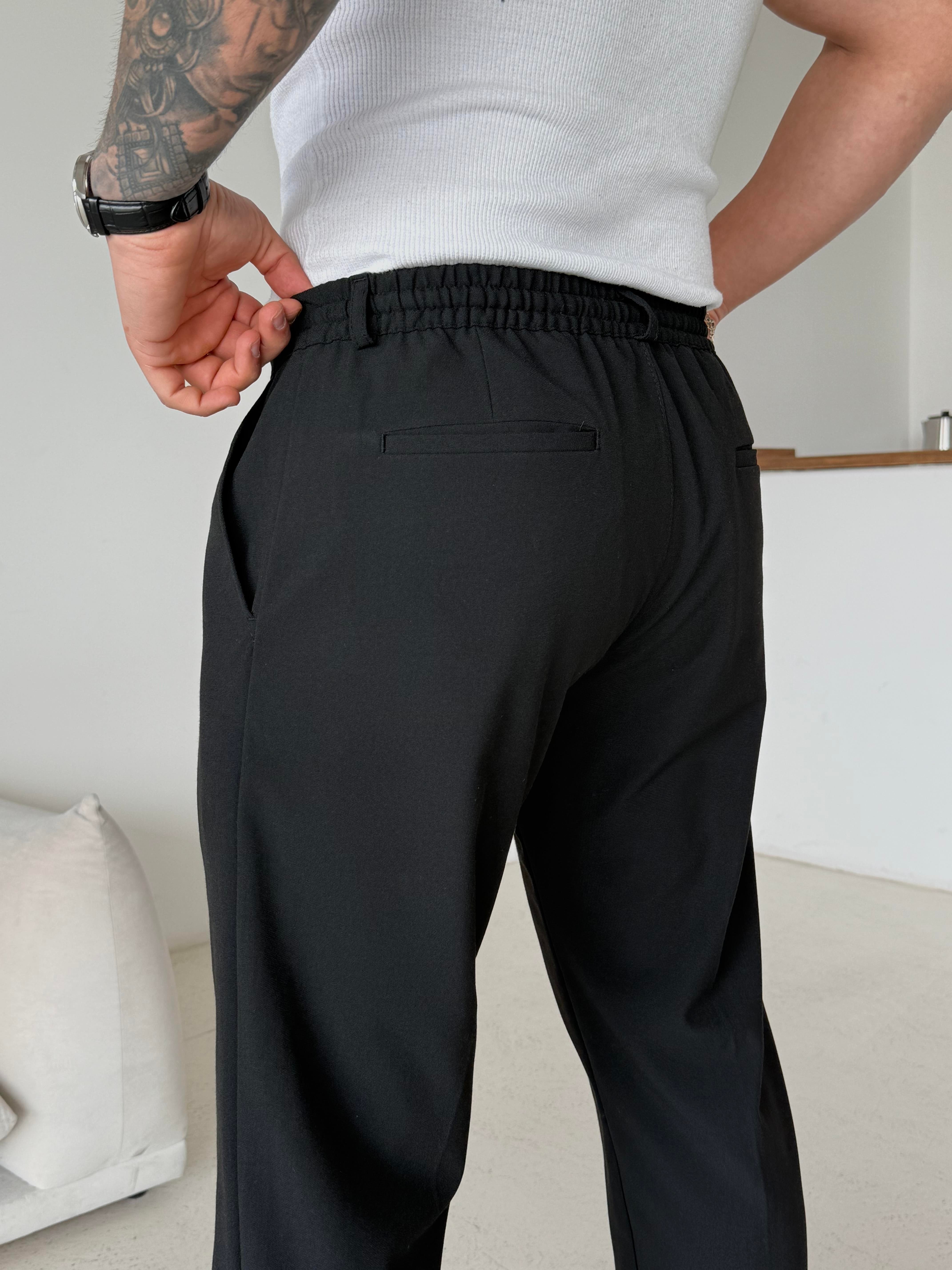 GabardinSiyah Pileli Lastikli Bağcıklı Regular Kumaş Pantalon SC