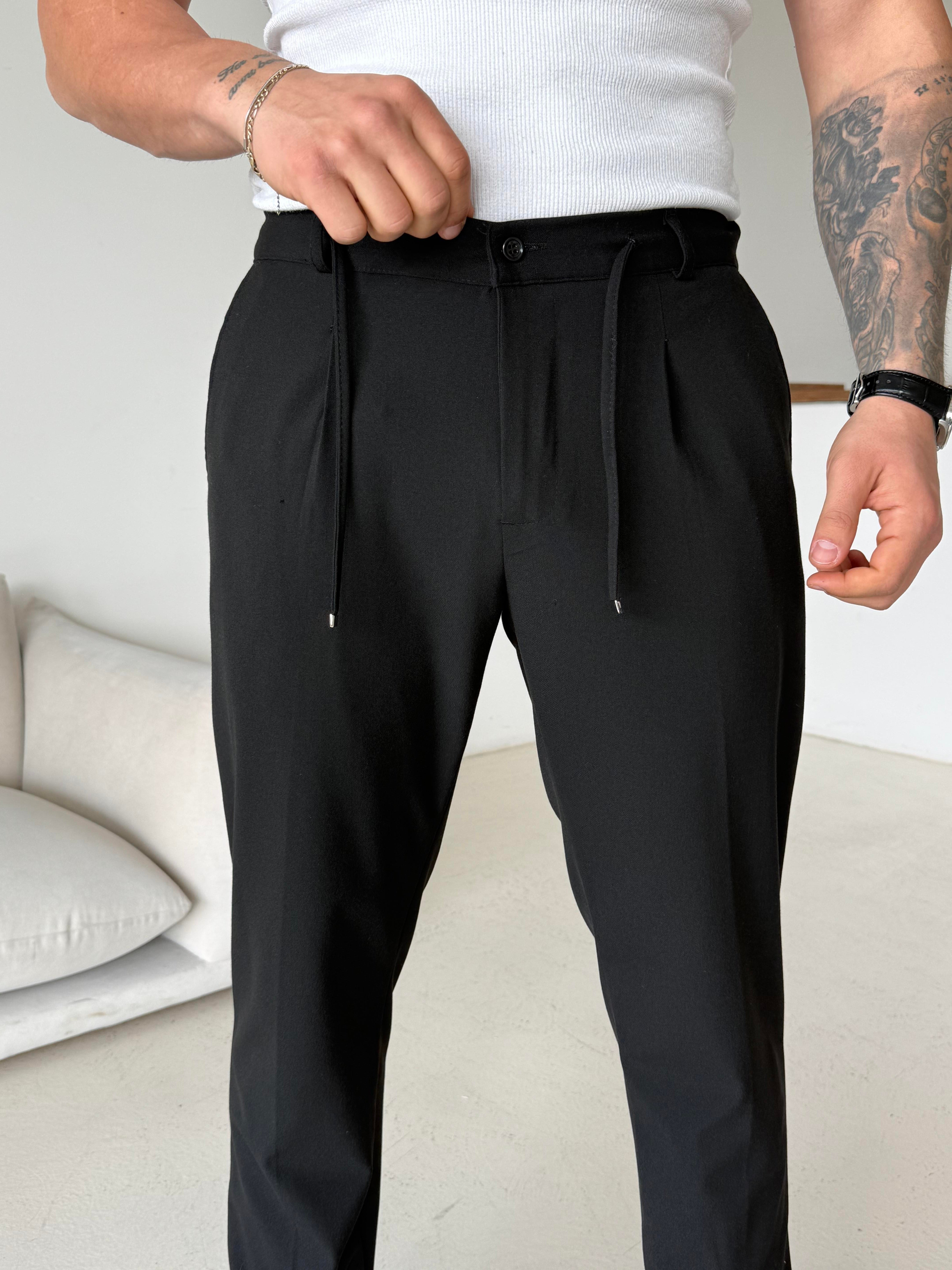 GabardinSiyah Pileli Lastikli Bağcıklı Regular Kumaş Pantalon SC