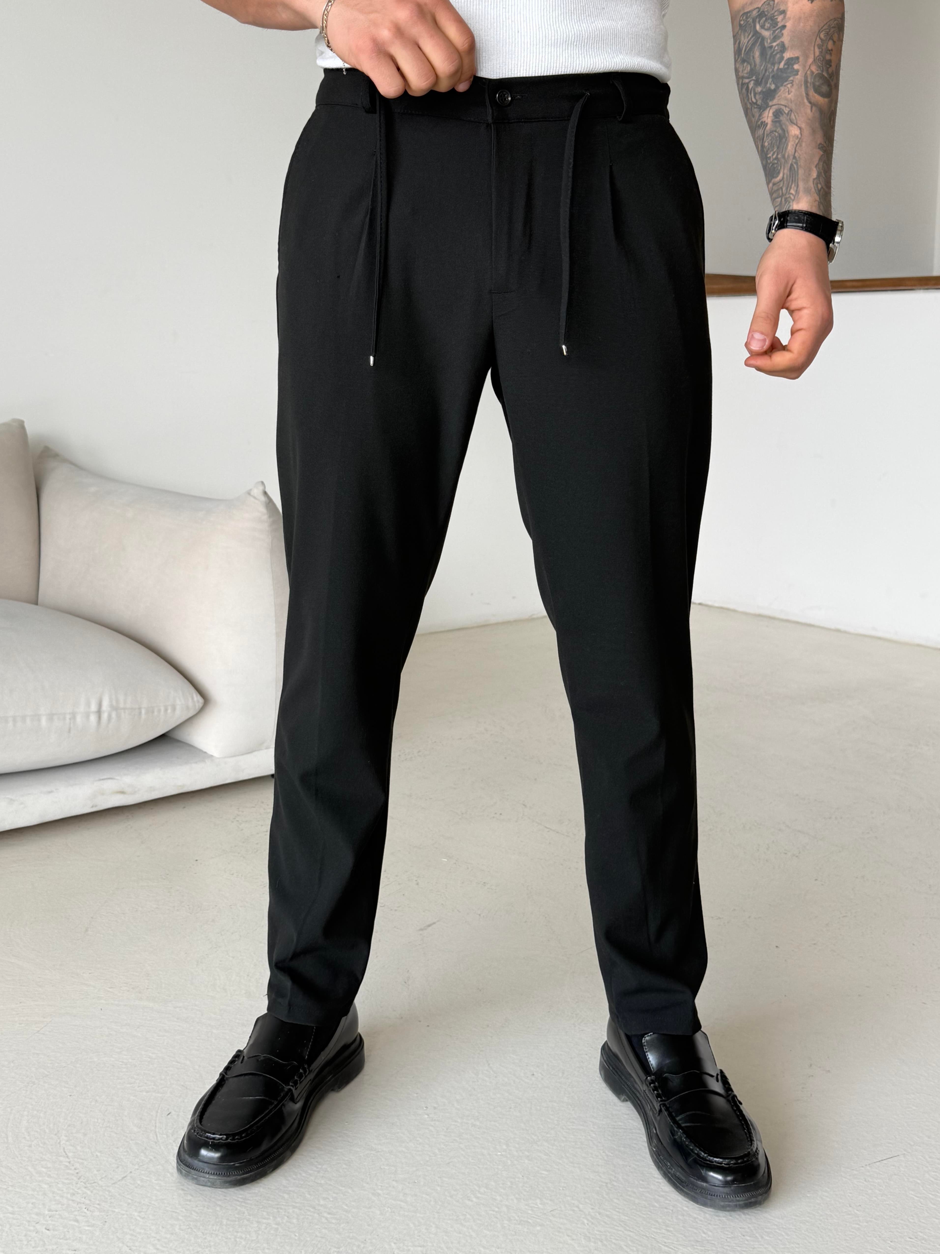 GabardinSiyah Pileli Lastikli Bağcıklı Regular Kumaş Pantalon SC