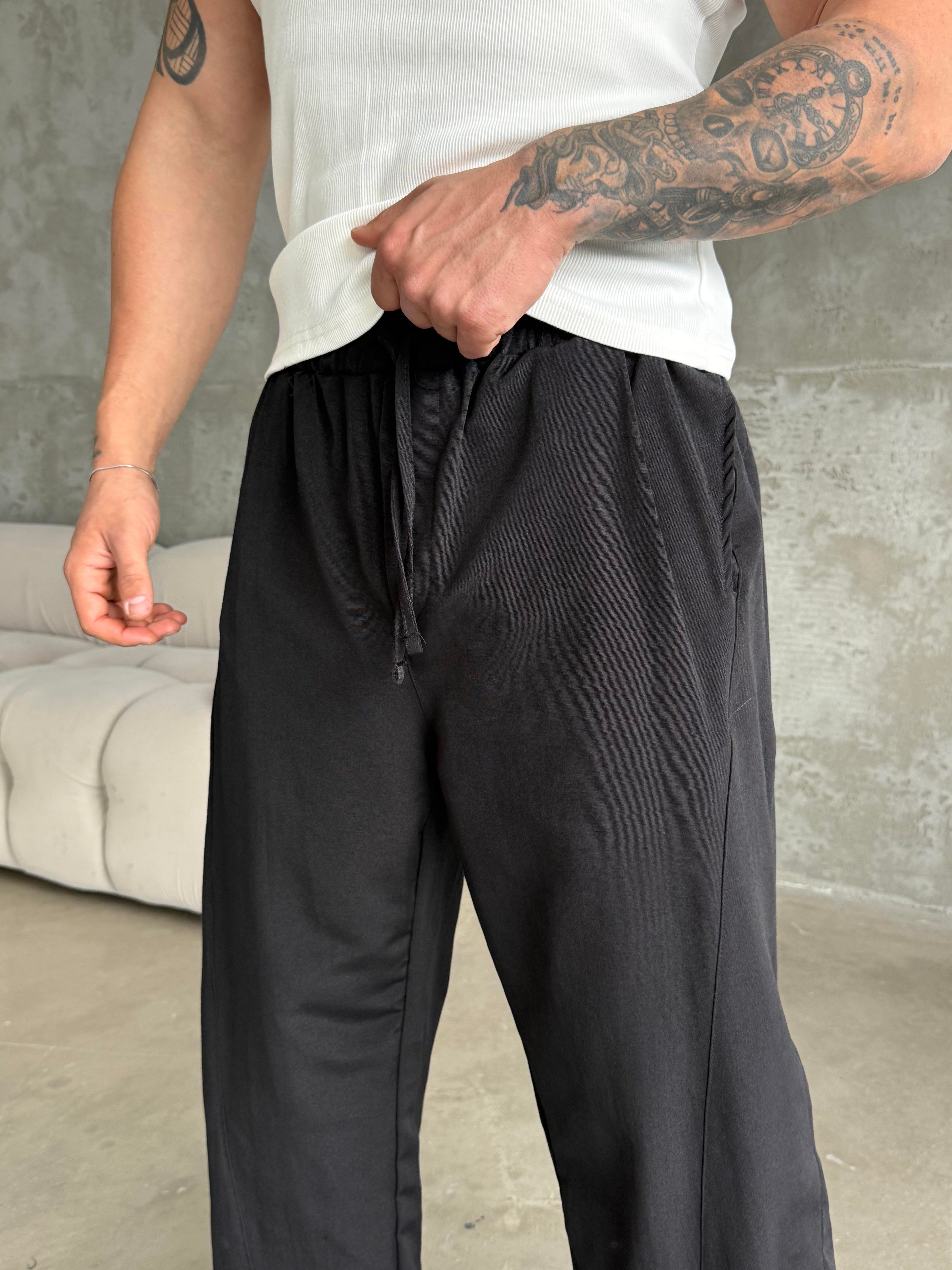 GabardinSiyah Yumuşak Ham Keten Super Baggy Pantalon 40229 BRR