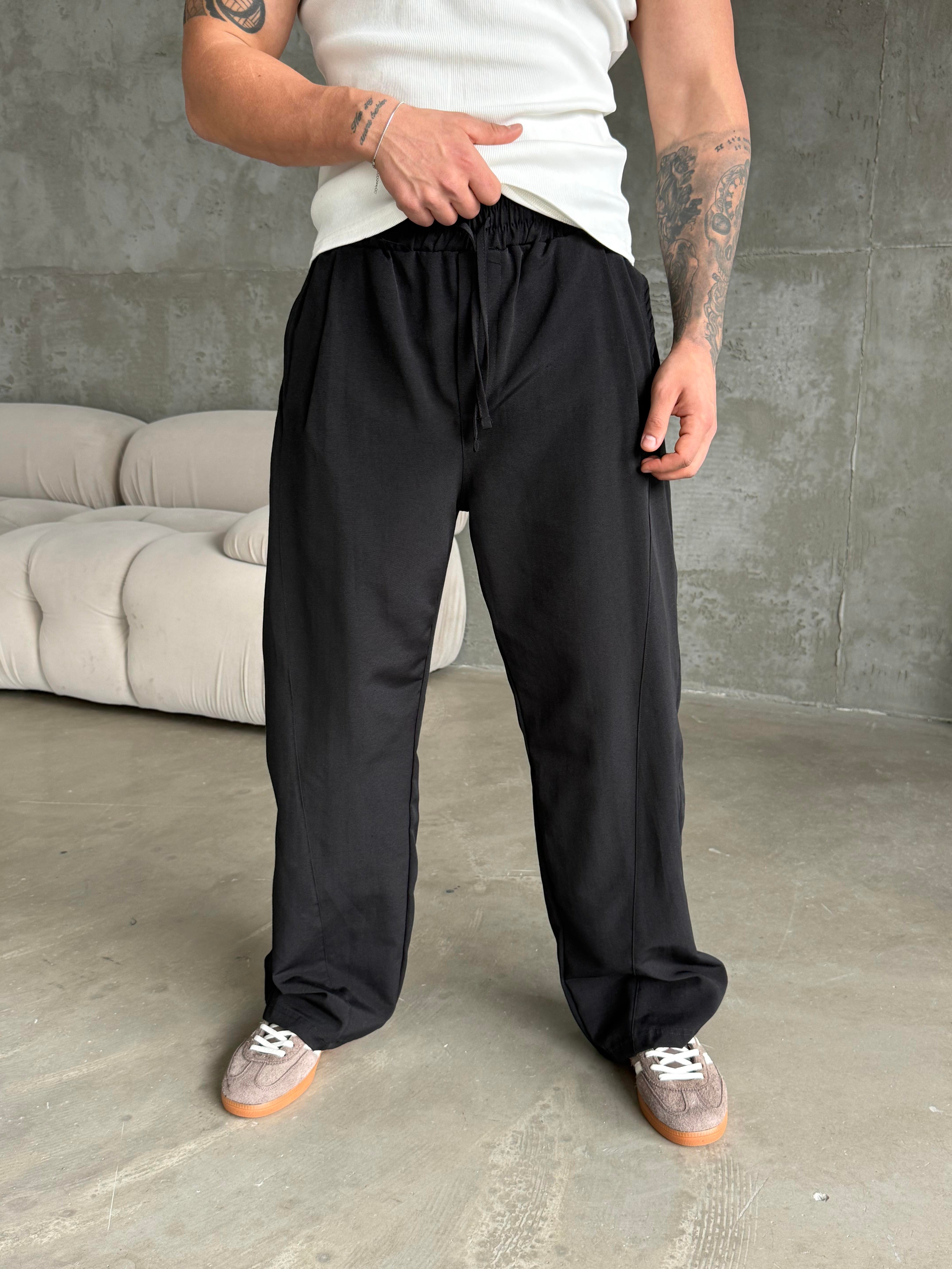 GabardinSiyah Yumuşak Ham Keten Super Baggy Pantalon 40229 BRR