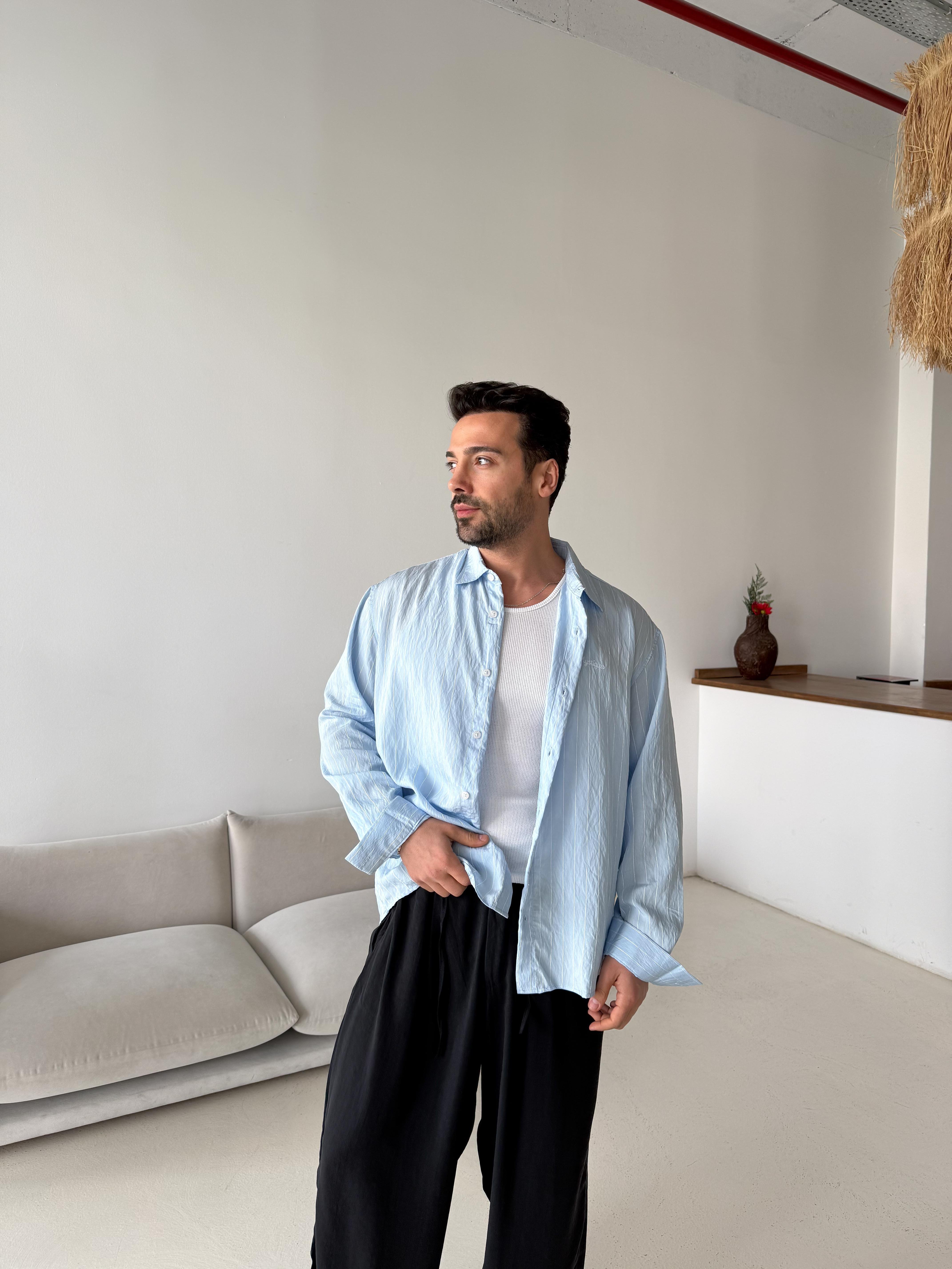 GÖMLEKBebemavi Çizgili Oversize Nakışlı Gömlek PNC 2554