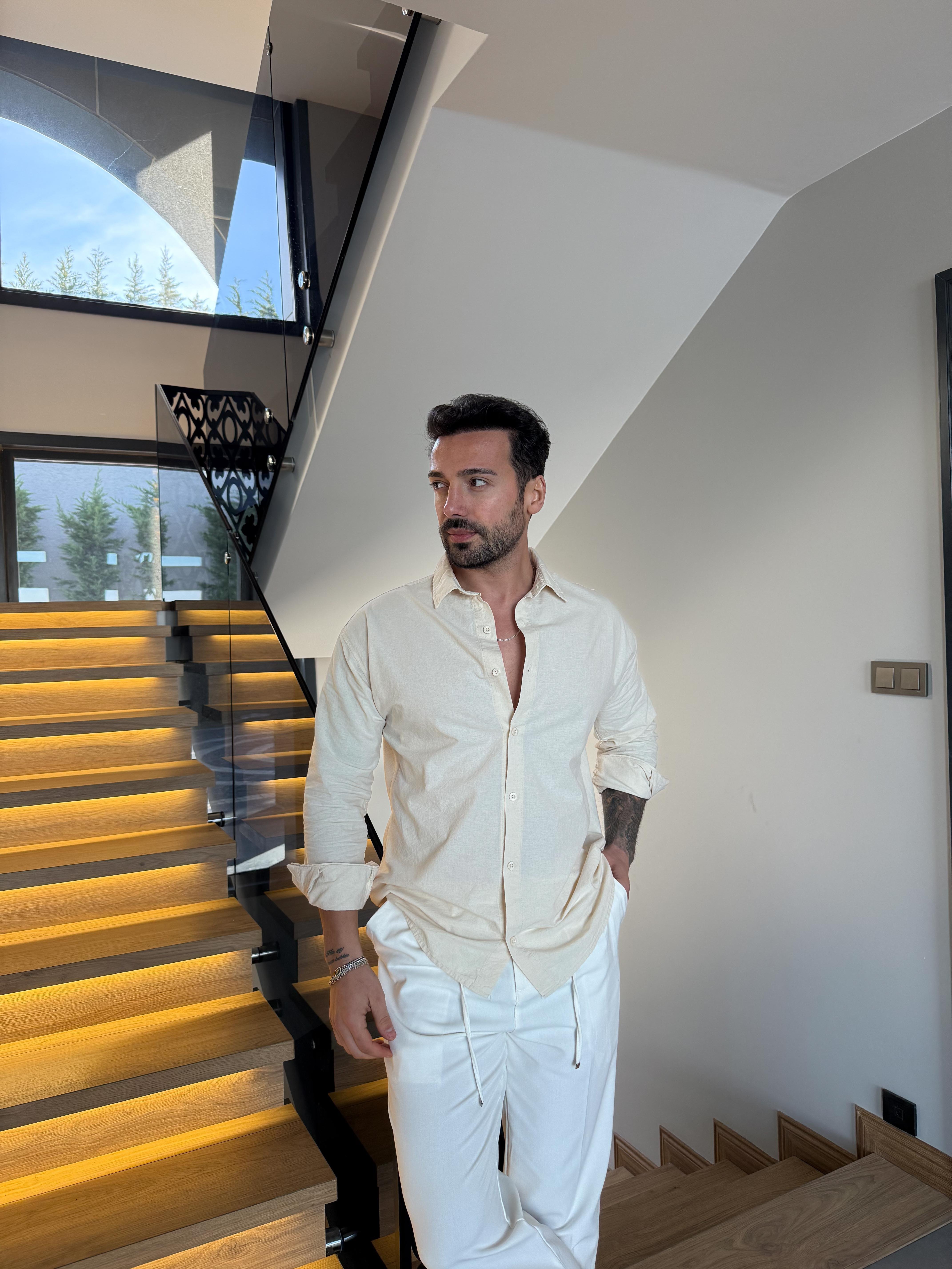 GÖMLEKBej Flex Keten Pamuk Oversize Gömlek SNZ 1330