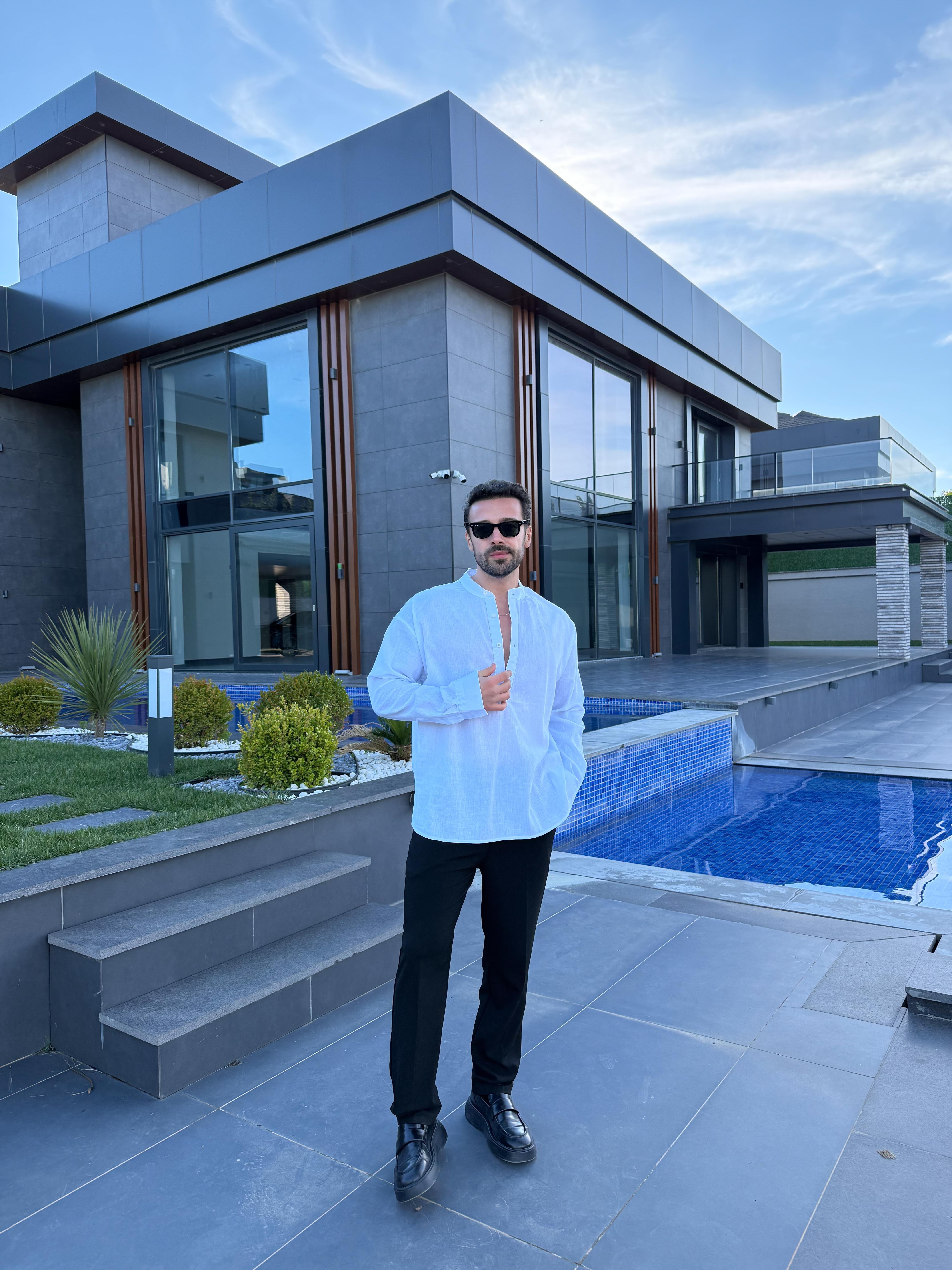 GÖMLEKBeyaz Hakim Yaka Yarım Düğmeli Pamuk Keten Gömlek SNZ 1010