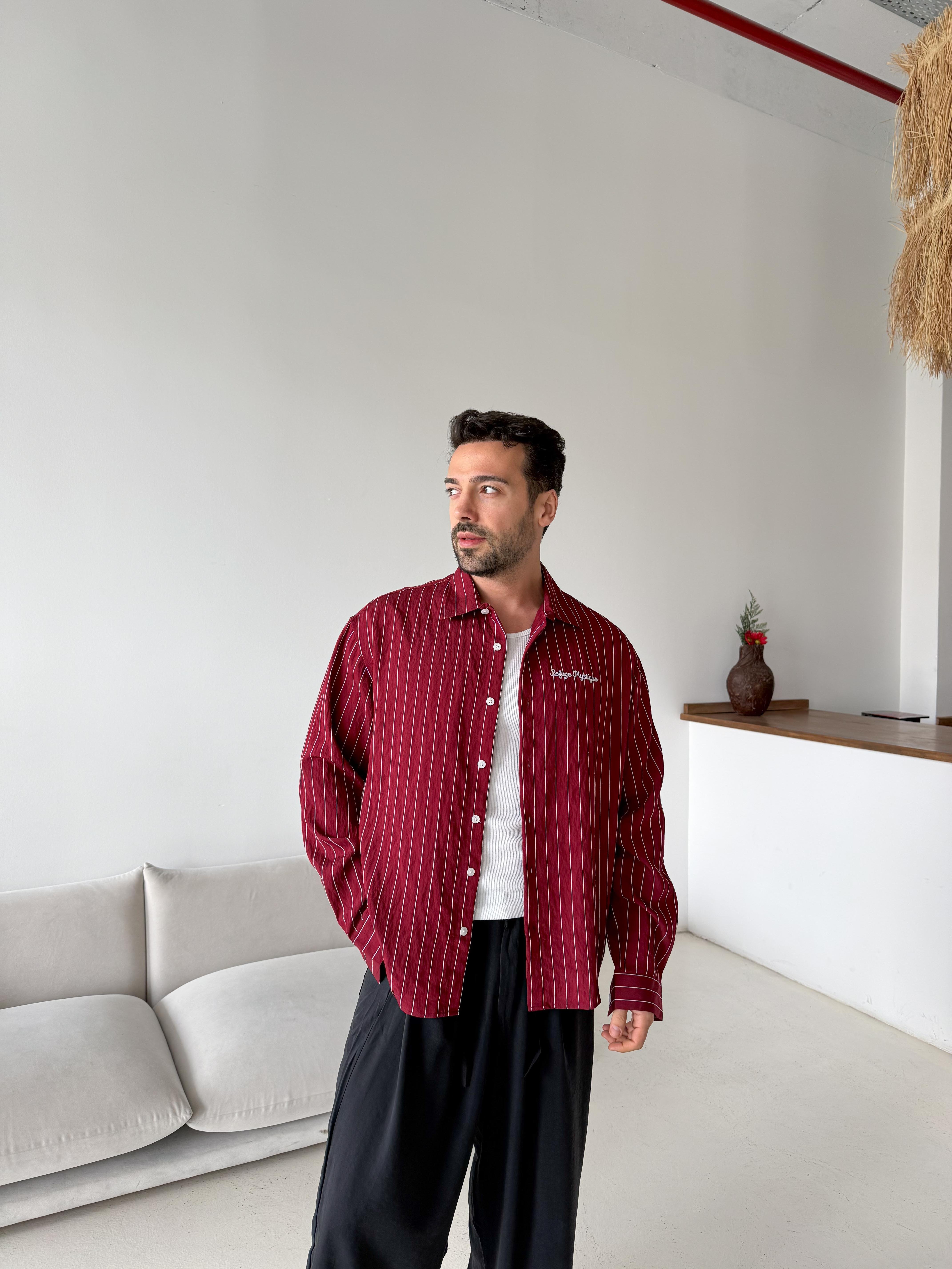 GÖMLEKBordo Çizgili Oversize Nakışlı Gömlek PNC 2554