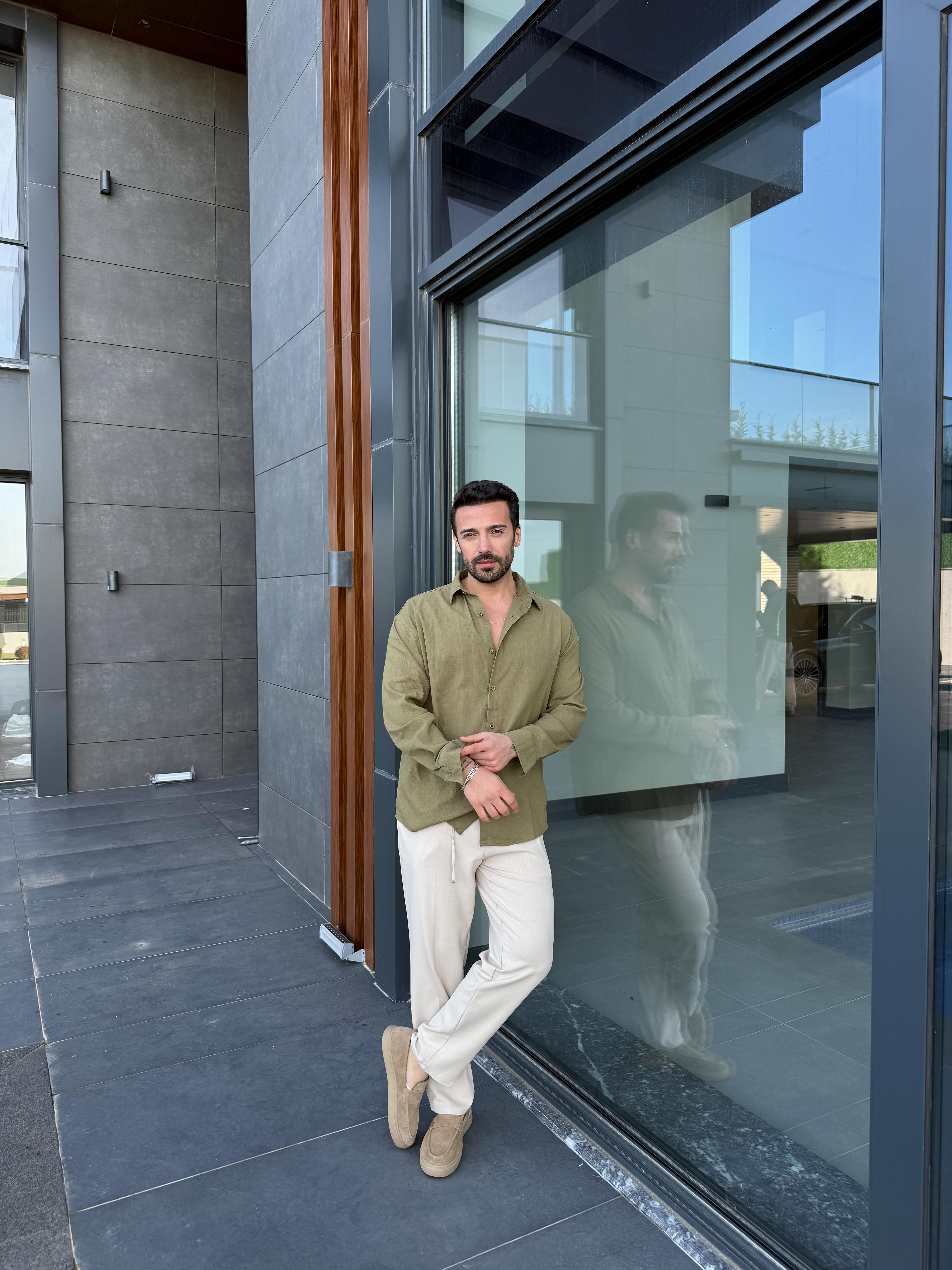 GÖMLEKHaki Krinkıl Pamuk Oversize Gömlek SNZ 1003