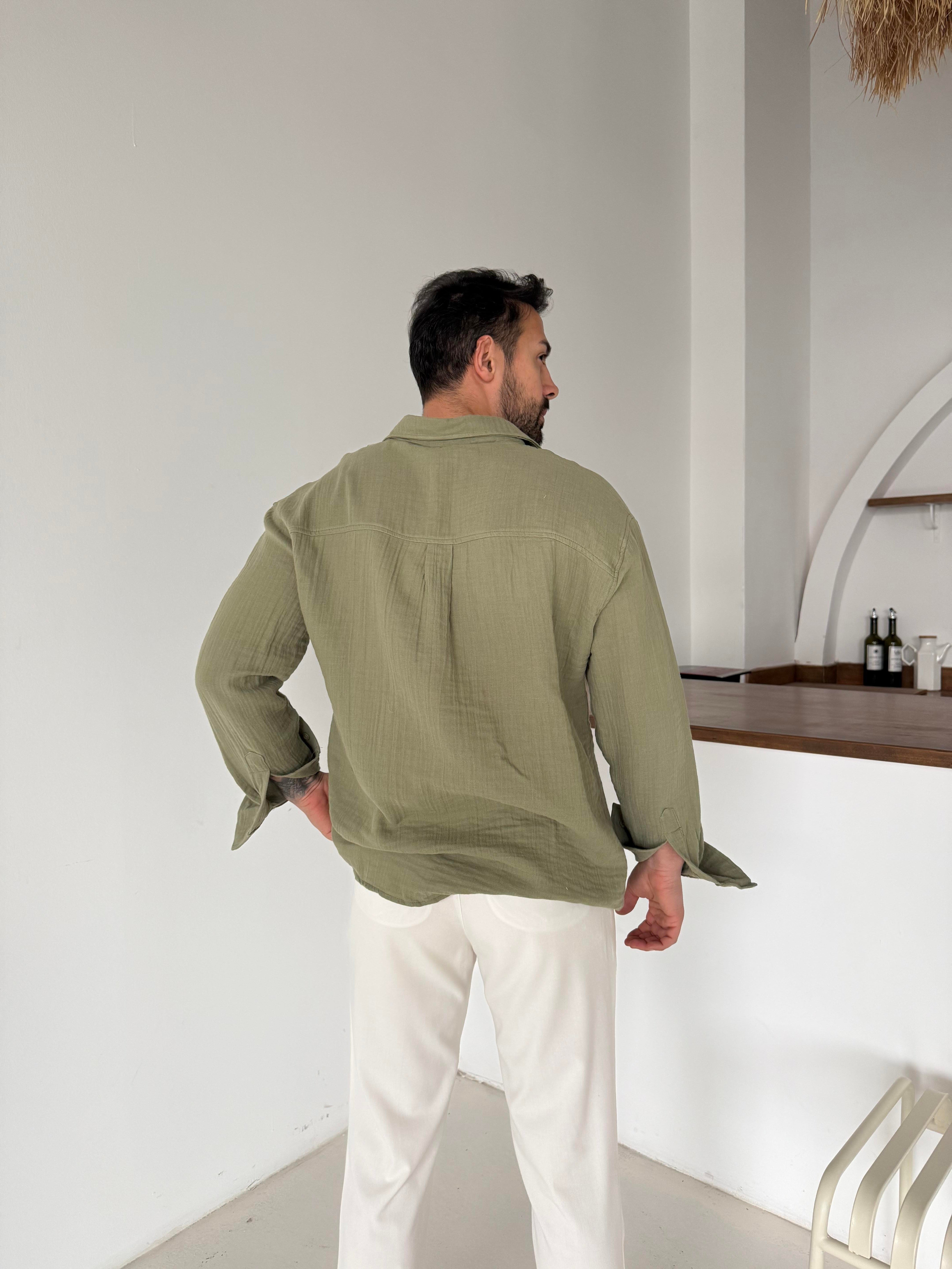 GÖMLEKHaki Müslin Keten Gömlek SNZ N1006