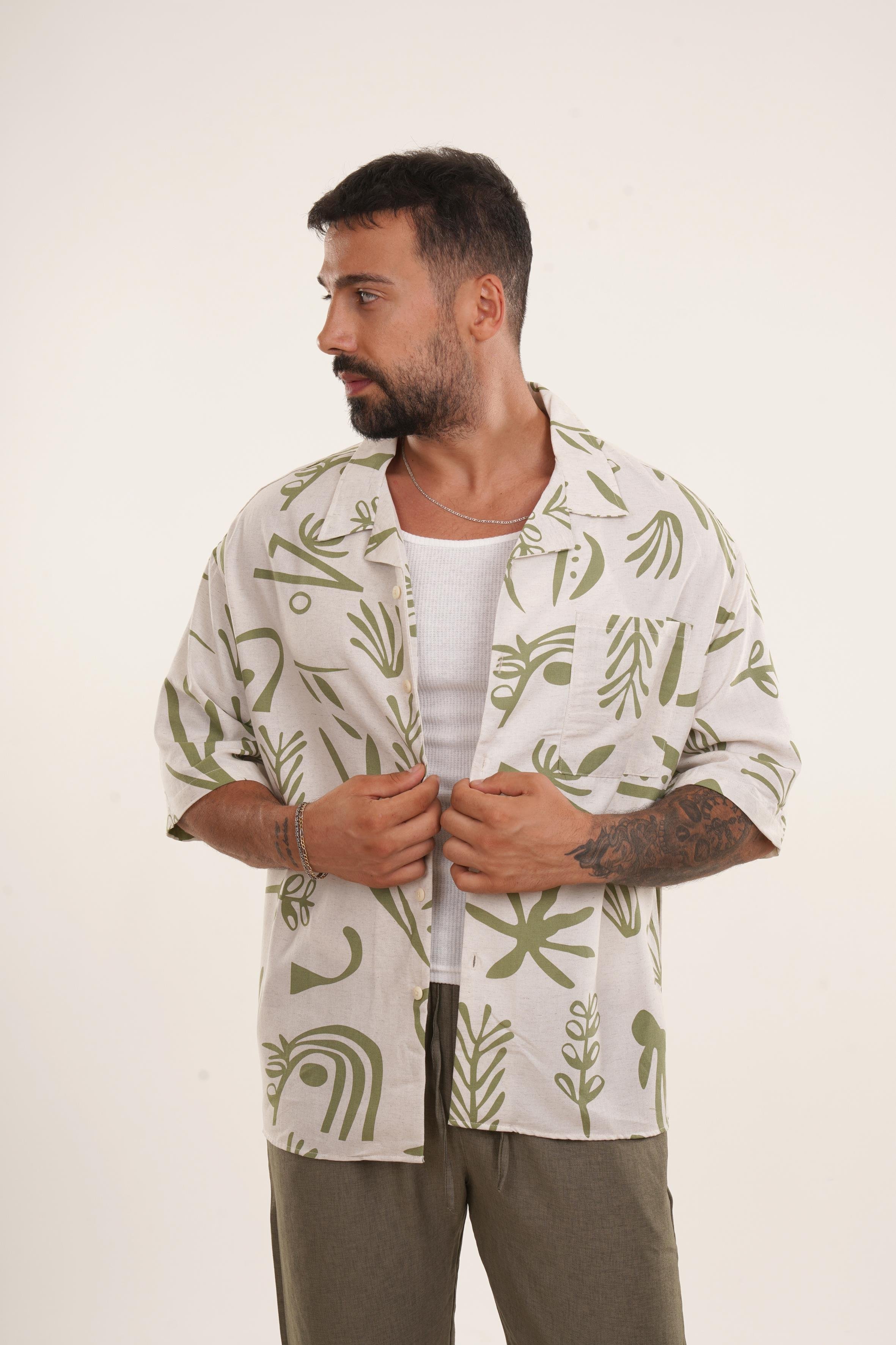 GÖMLEKHaki Sembol Desen Tek Cepli oversize Keten Gömlek EST E70184