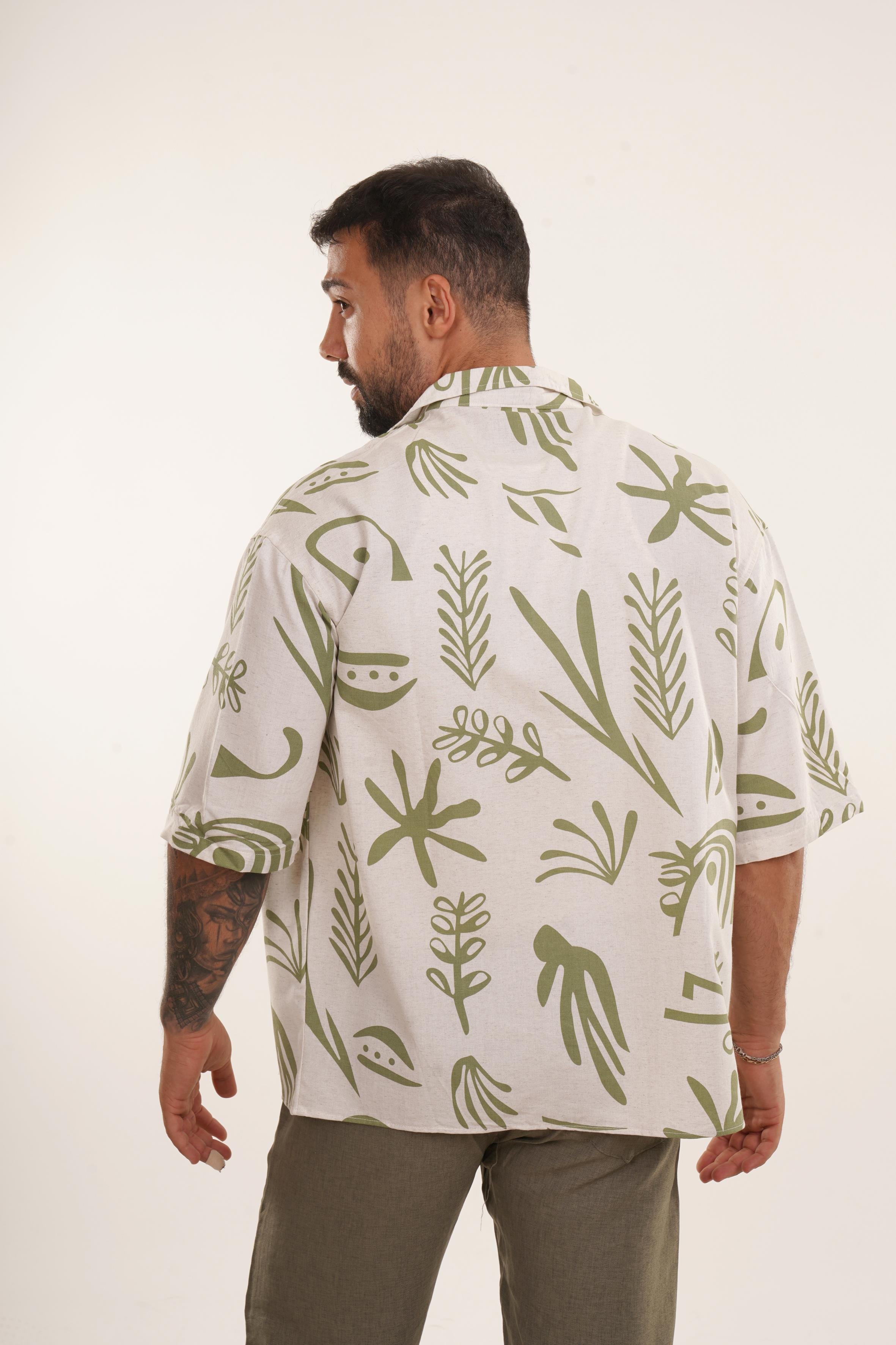 GÖMLEKHaki Sembol Desen Tek Cepli oversize Keten Gömlek EST E70184