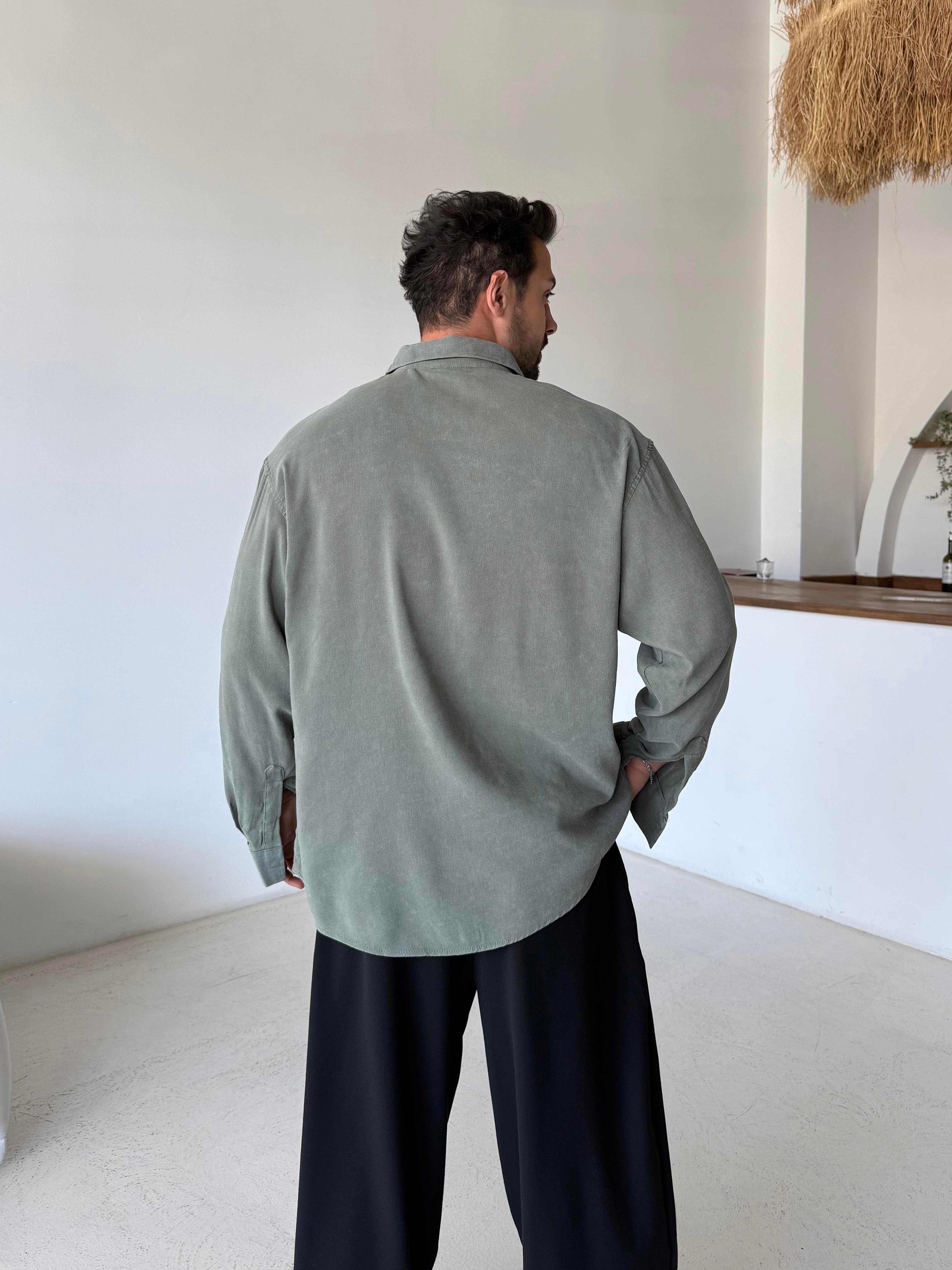 GÖMLEKHaki Yıkamalı Bol Modal Gömlek Esnt 4062