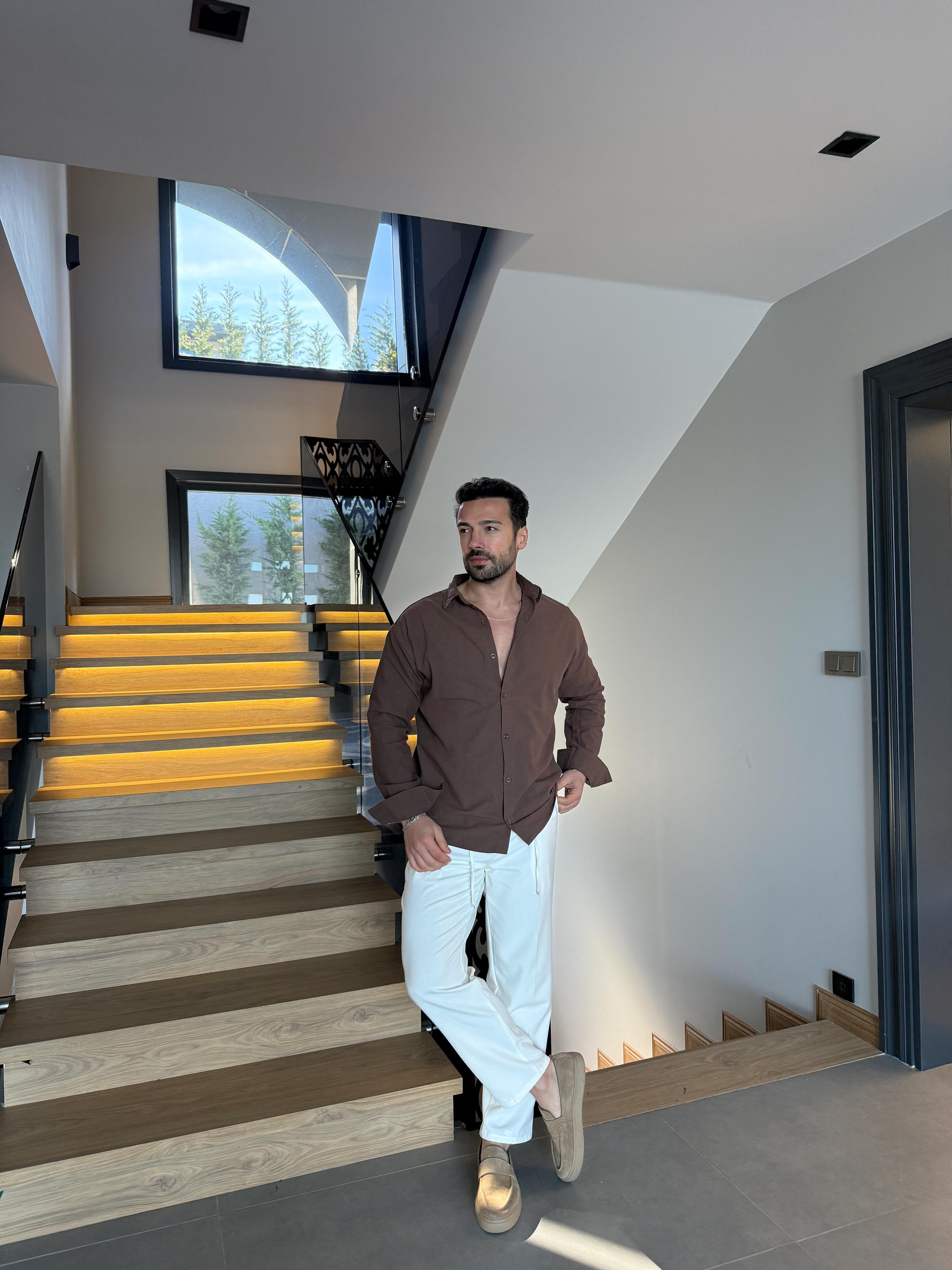GÖMLEKKahve Flex Keten Pamuk Oversize Gömlek SNZ 1330