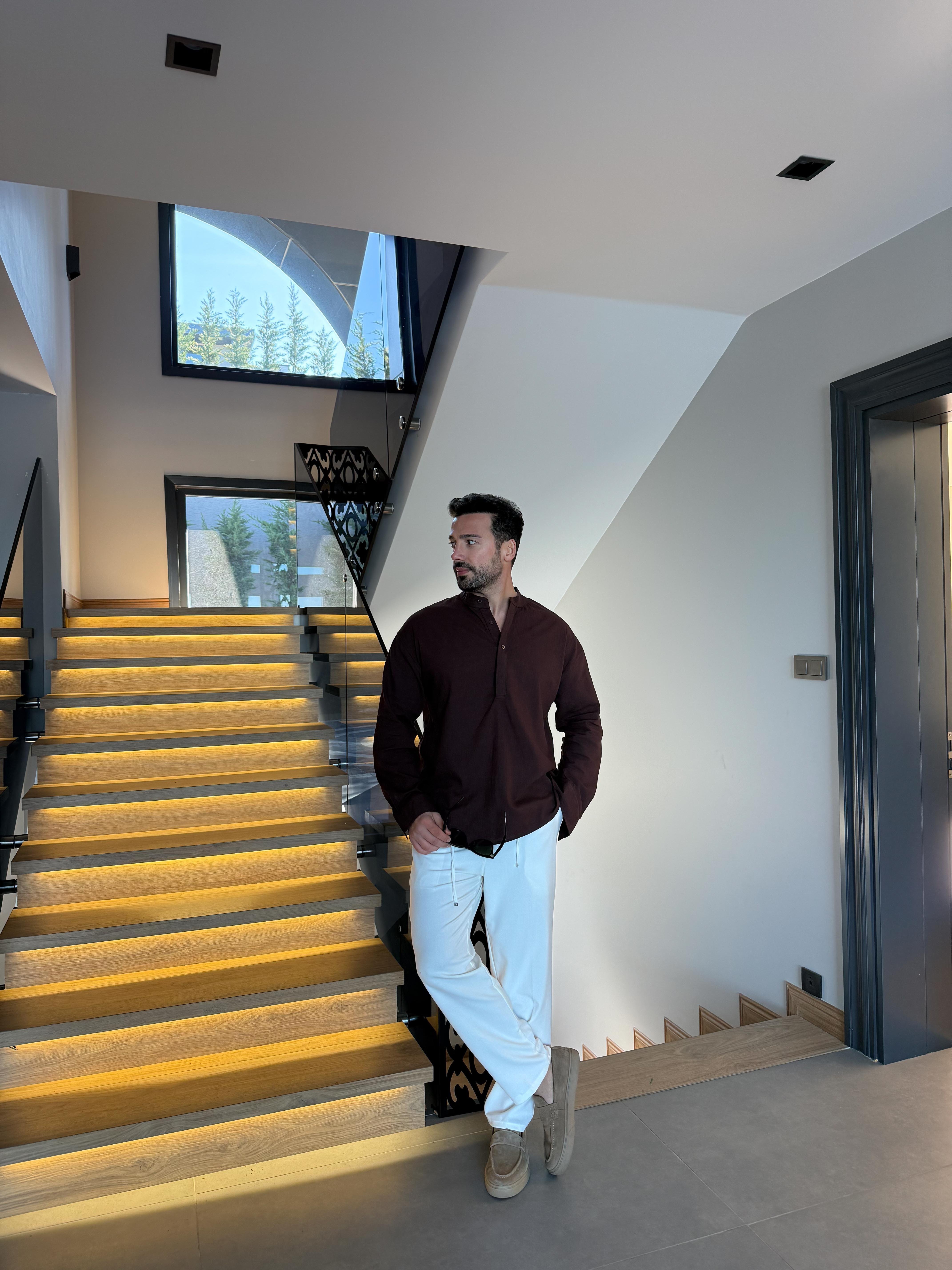 GÖMLEKKahve Hakim Yaka Yarım Düğmeli Pamuk Keten Gömlek SNZ 1010