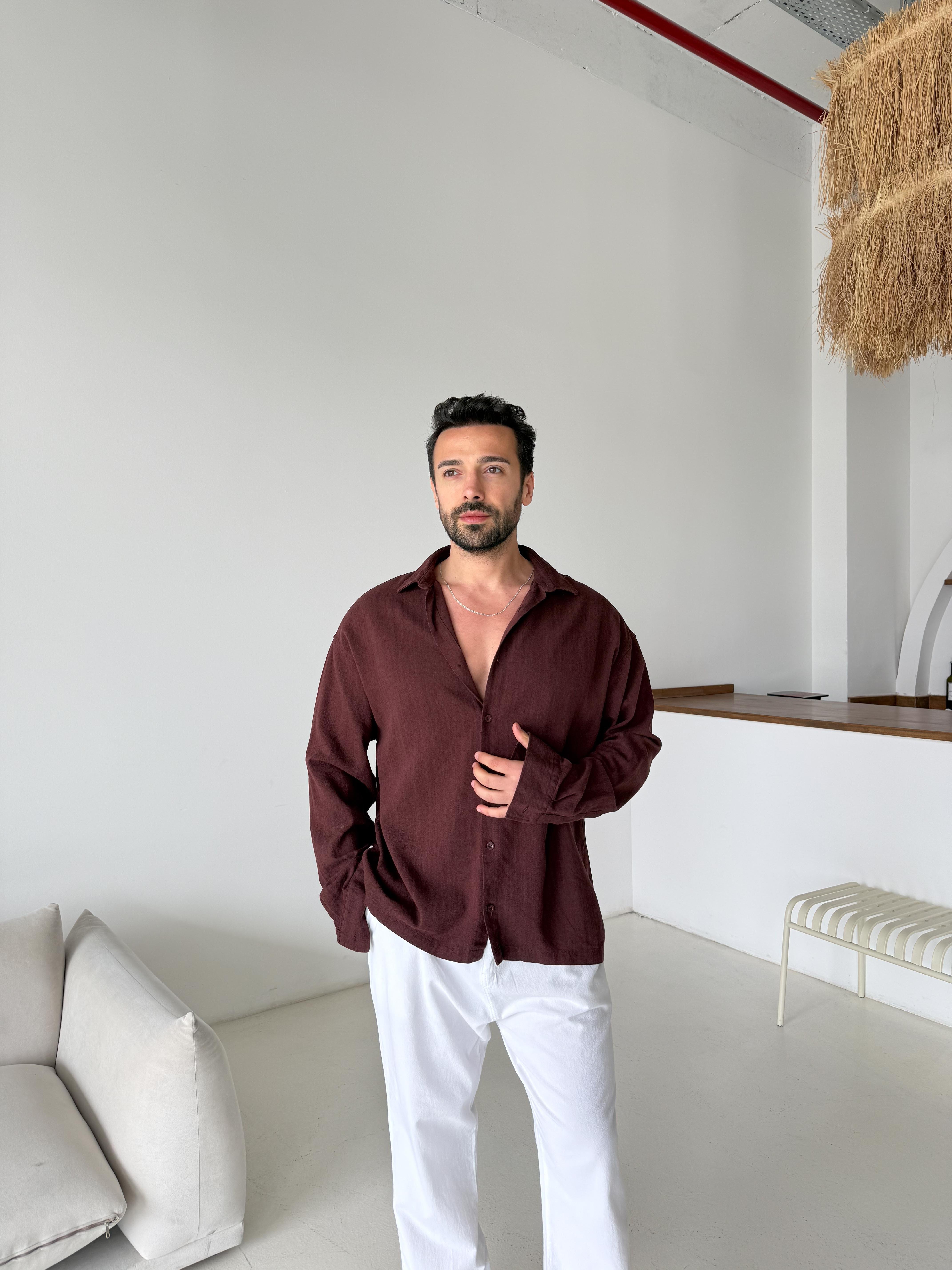 GÖMLEKKahve Yıkamalı Fresh Keten Gömlek SNZ K5024