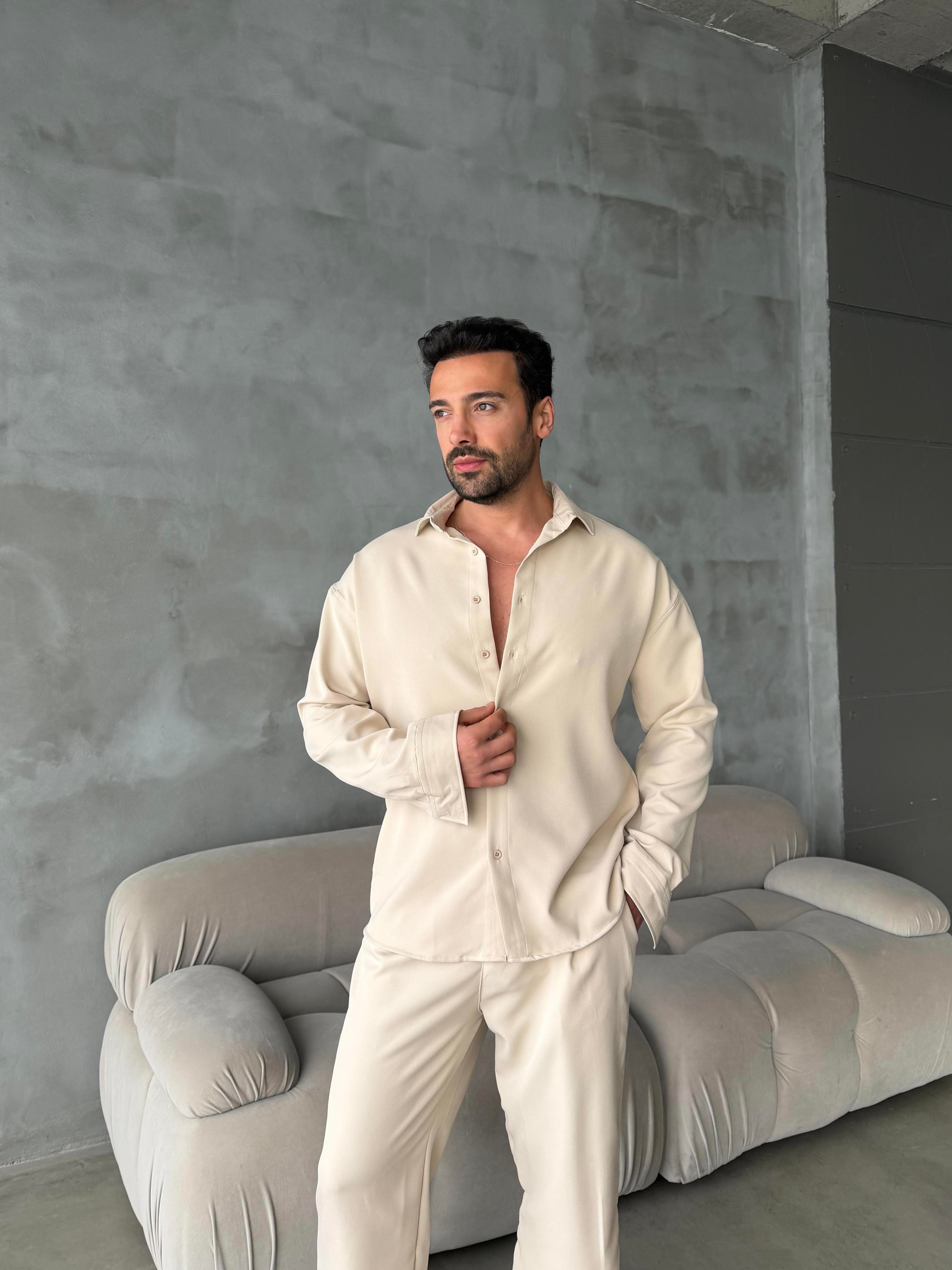 GÖMLEKKrem Double Kumaş Gömlek MSS