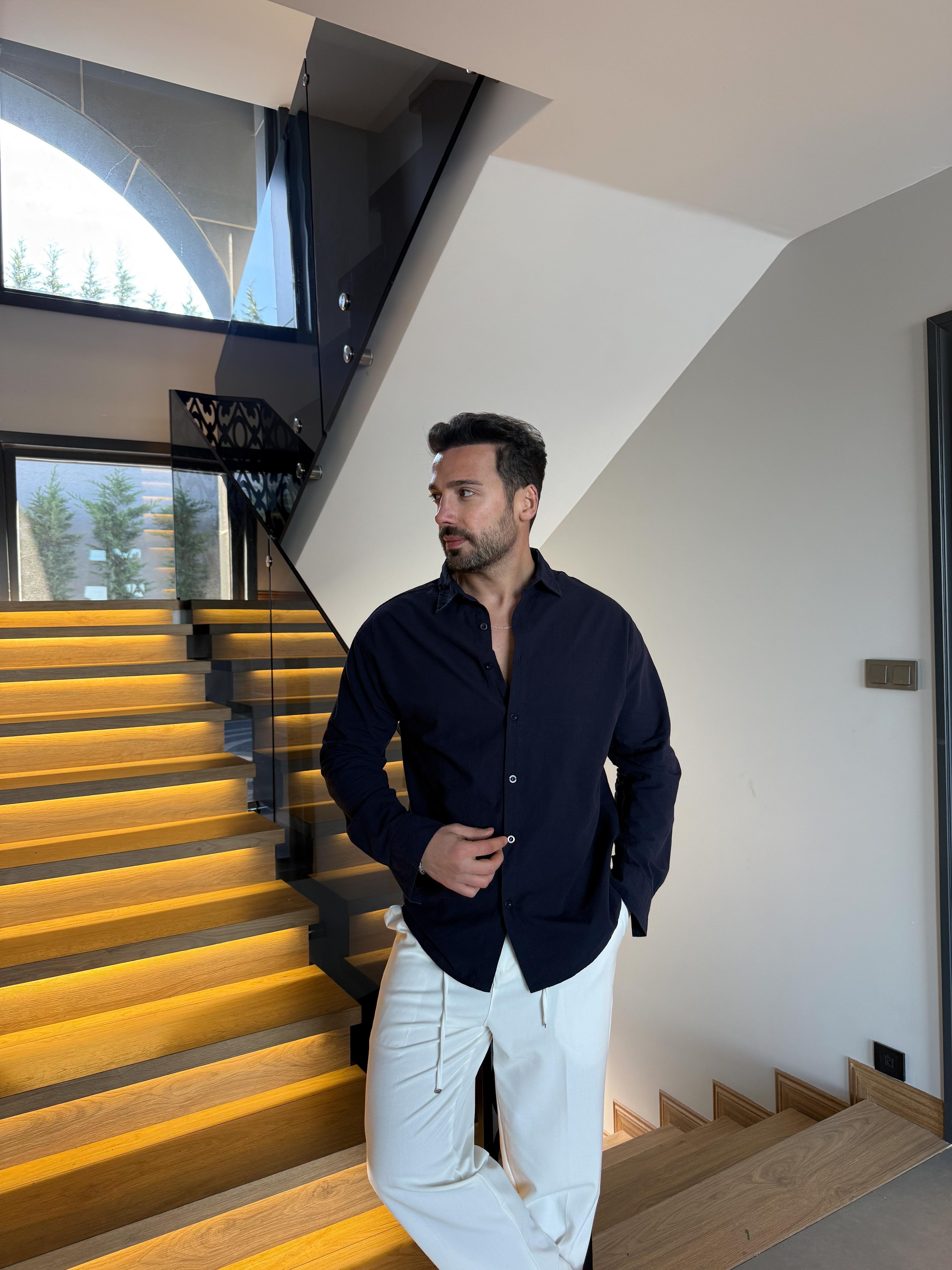 GÖMLEKLacivert Flex Keten Pamuk Oversize Gömlek SNZ 1330