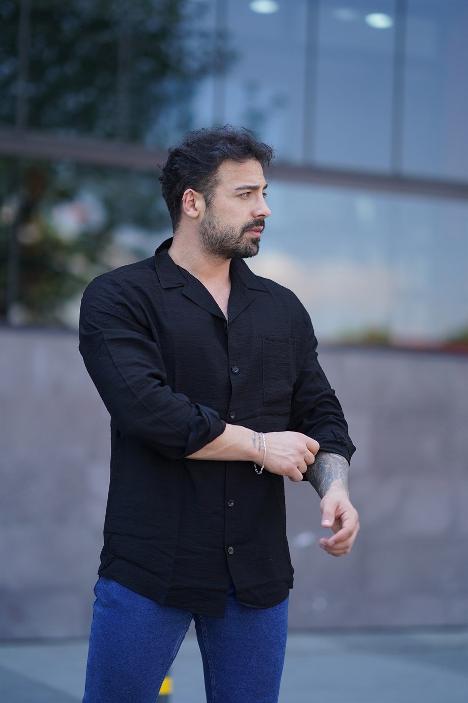 GÖMLEKSiyah Dalgalı Cepli Keten Gömlek SNZ
