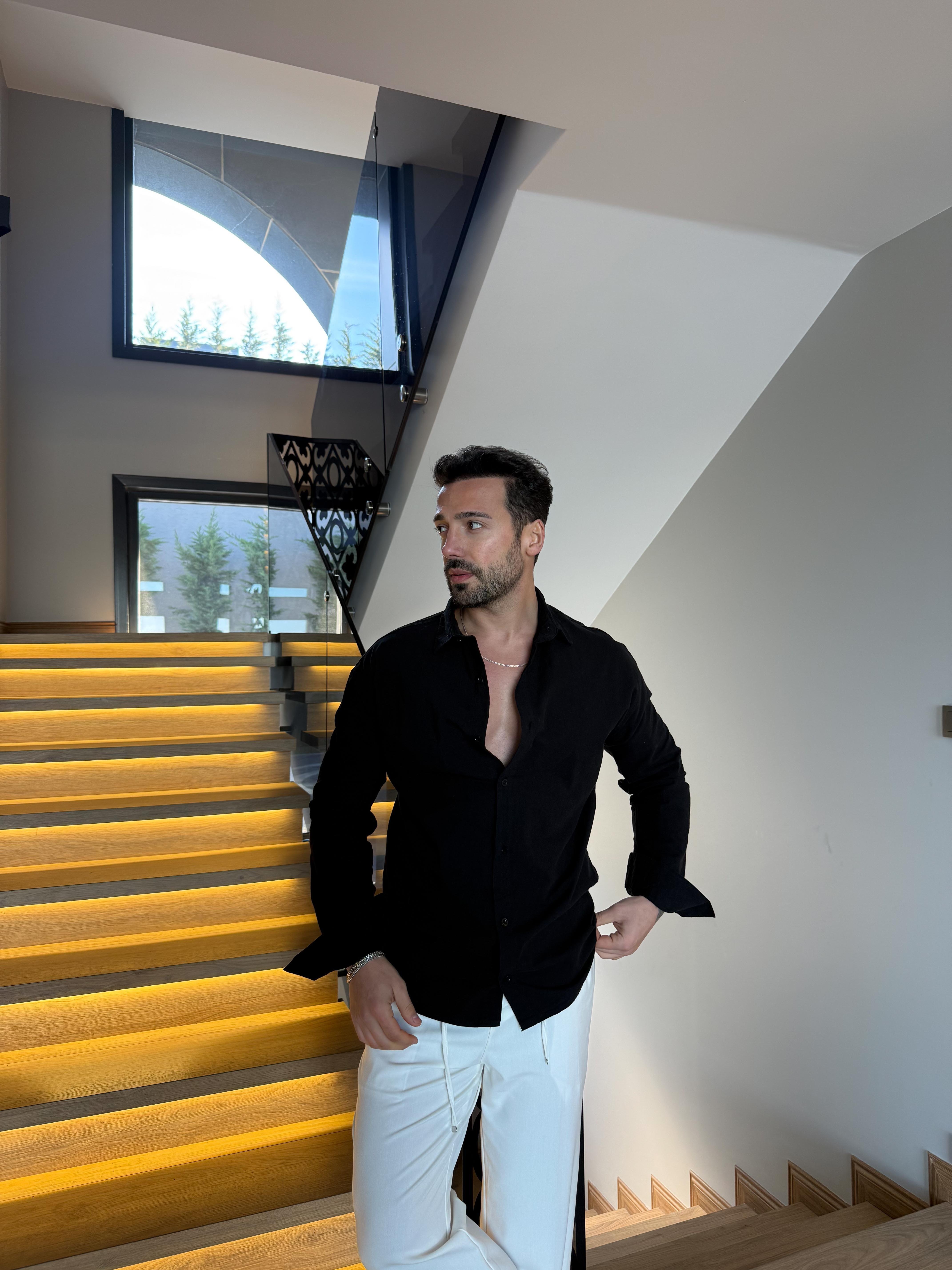 GÖMLEKSiyah Flex Keten Pamuk Oversize Gömlek SNZ 1330