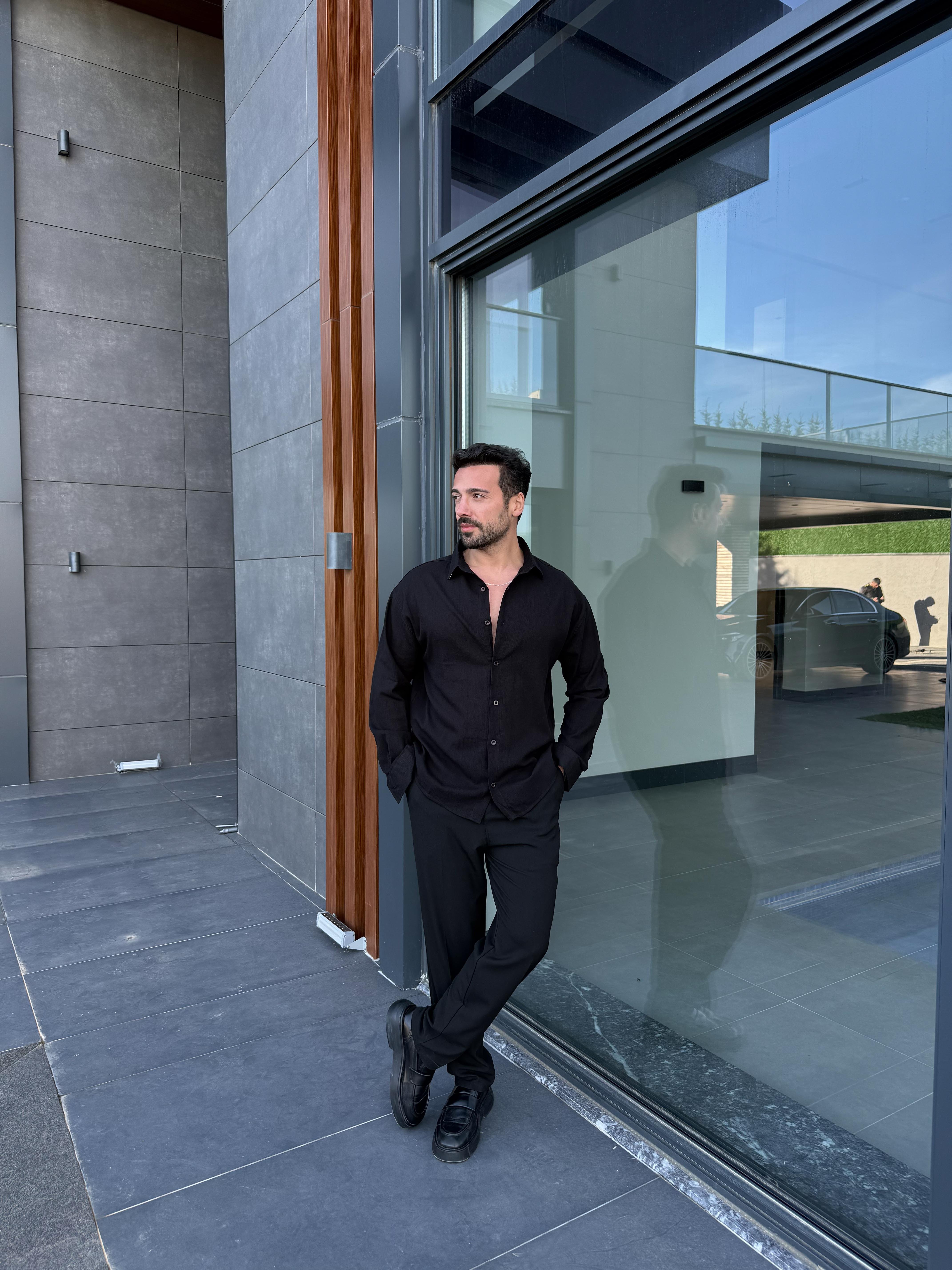 GÖMLEKSiyah Krinkıl Pamuk Oversize Gömlek SNZ 1003