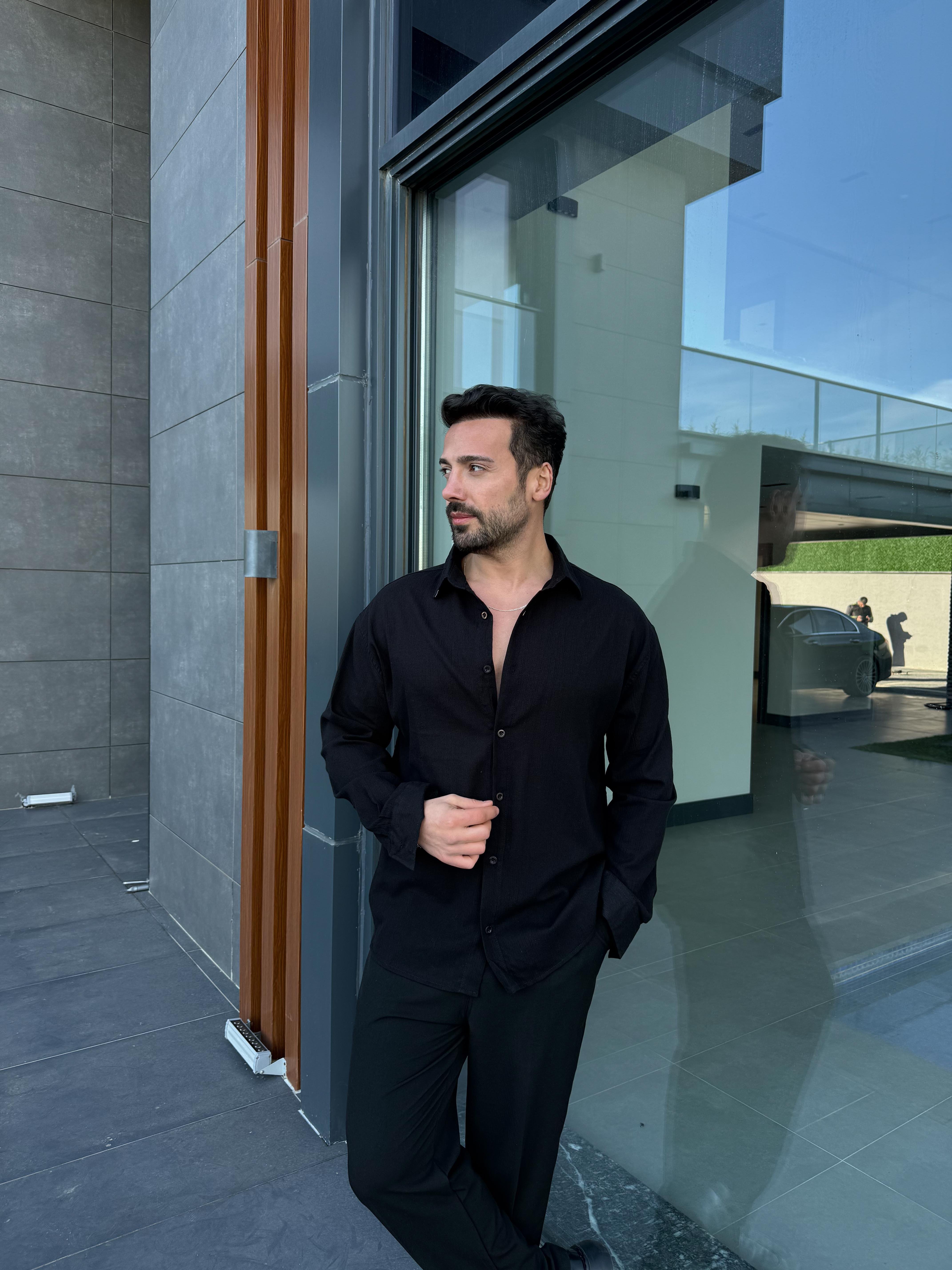 GÖMLEKSiyah Krinkıl Pamuk Oversize Gömlek SNZ 1003