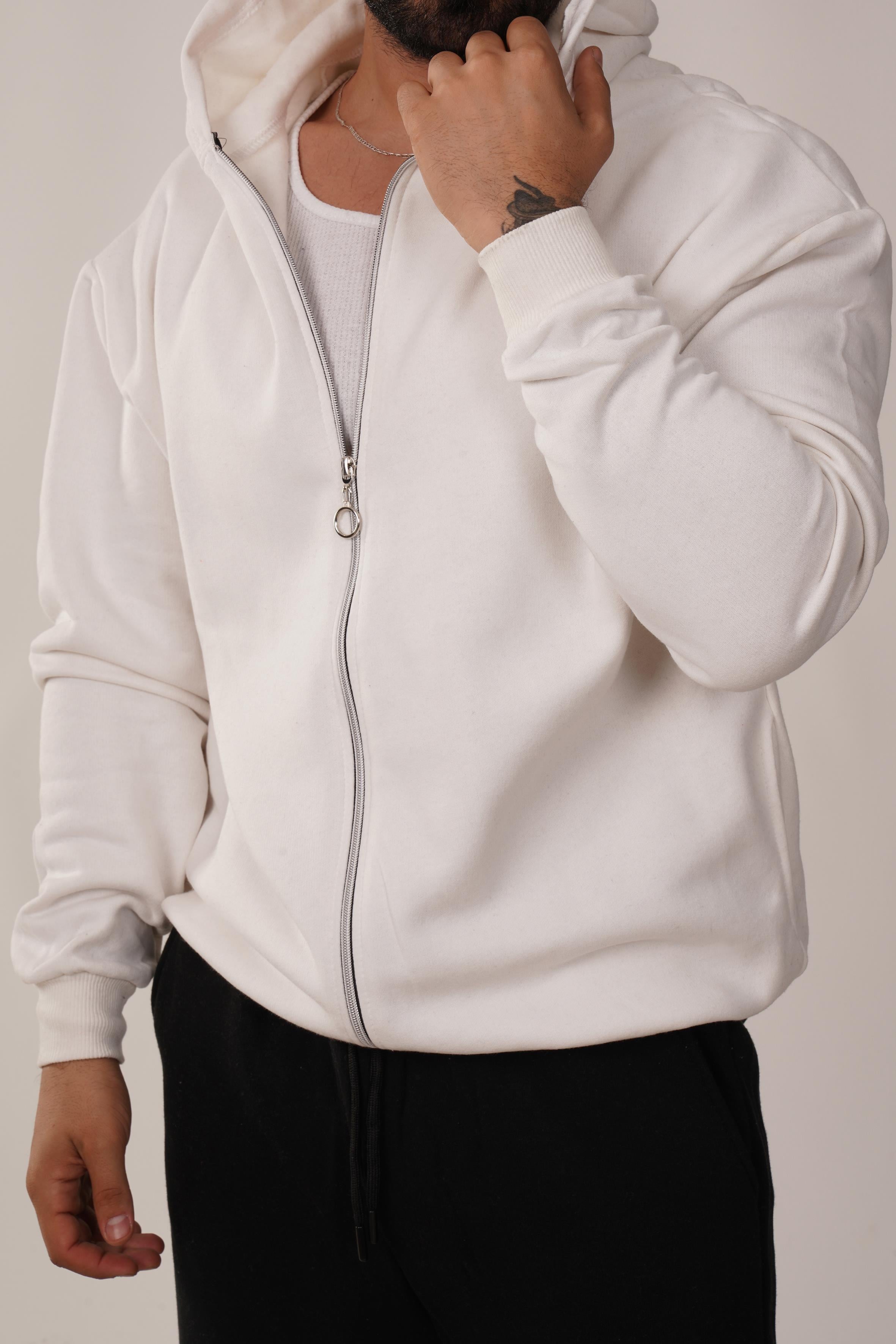 HIRKABeyaz 3 İplik Fermuarlı Kapşonlu Hoodie
