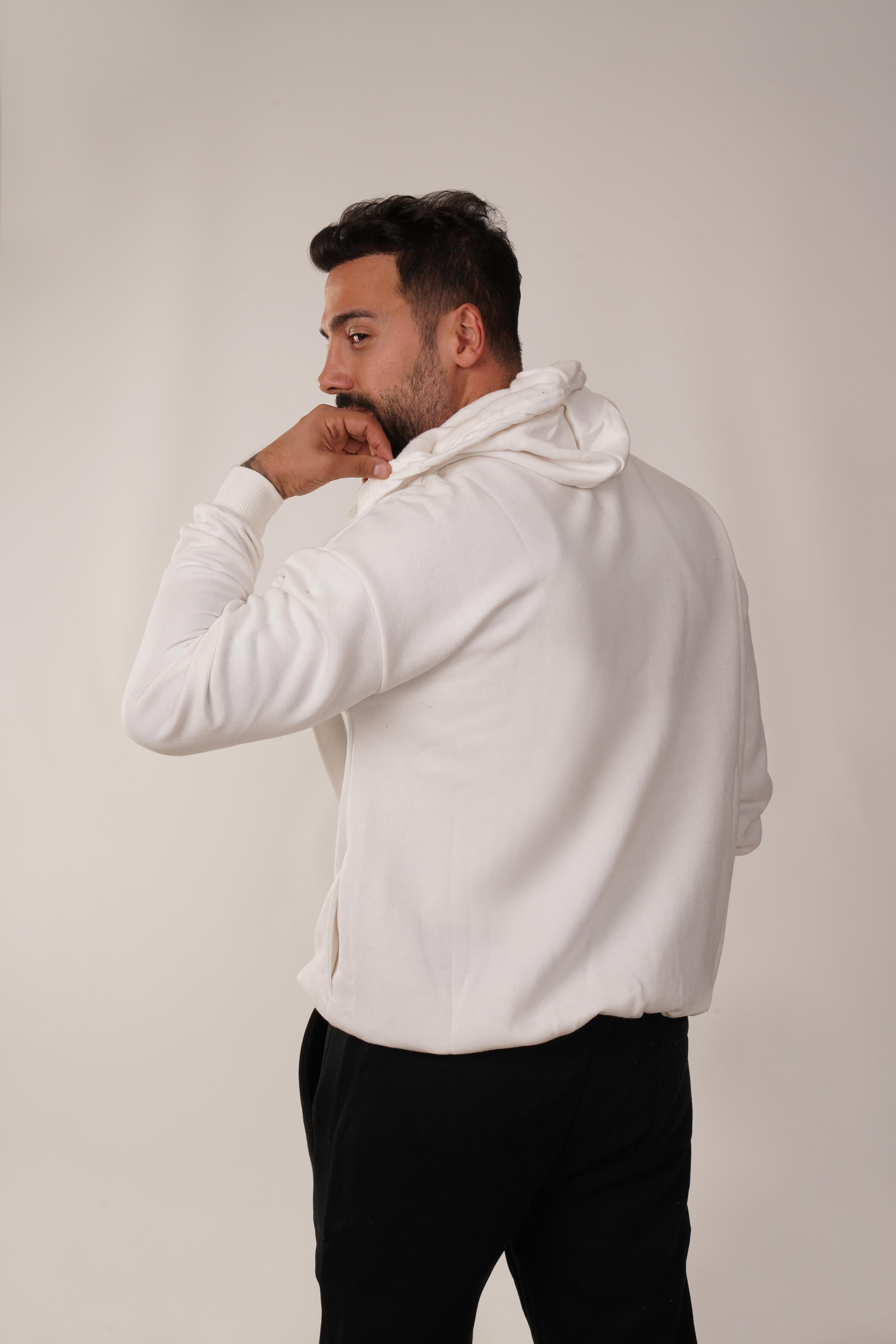 HIRKABeyaz 3 İplik Fermuarlı Kapşonlu Hoodie
