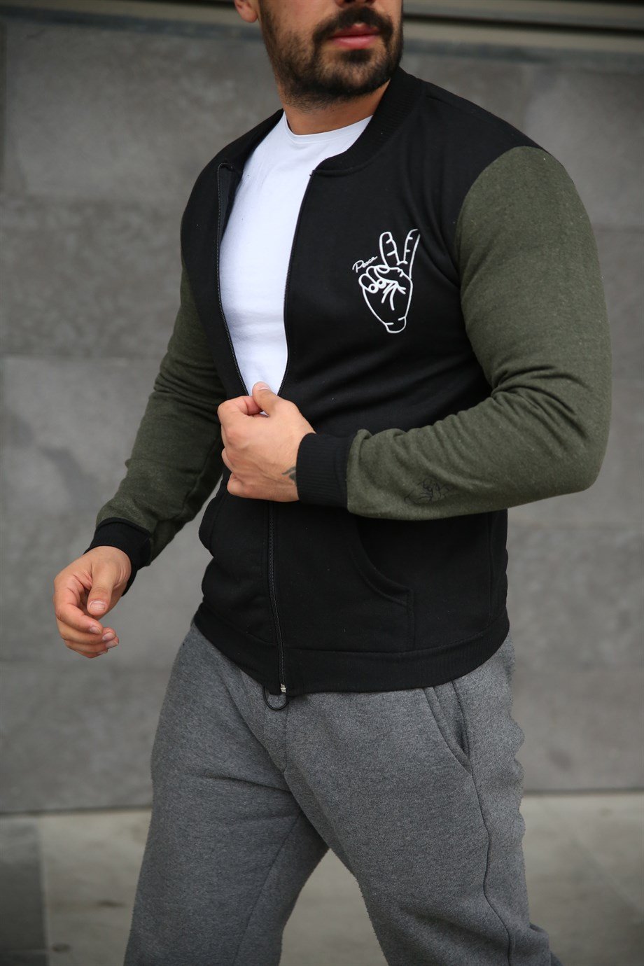 HIRKAGövdesi Siyah Kolları Haki PEACE Fermuarlı Hırka