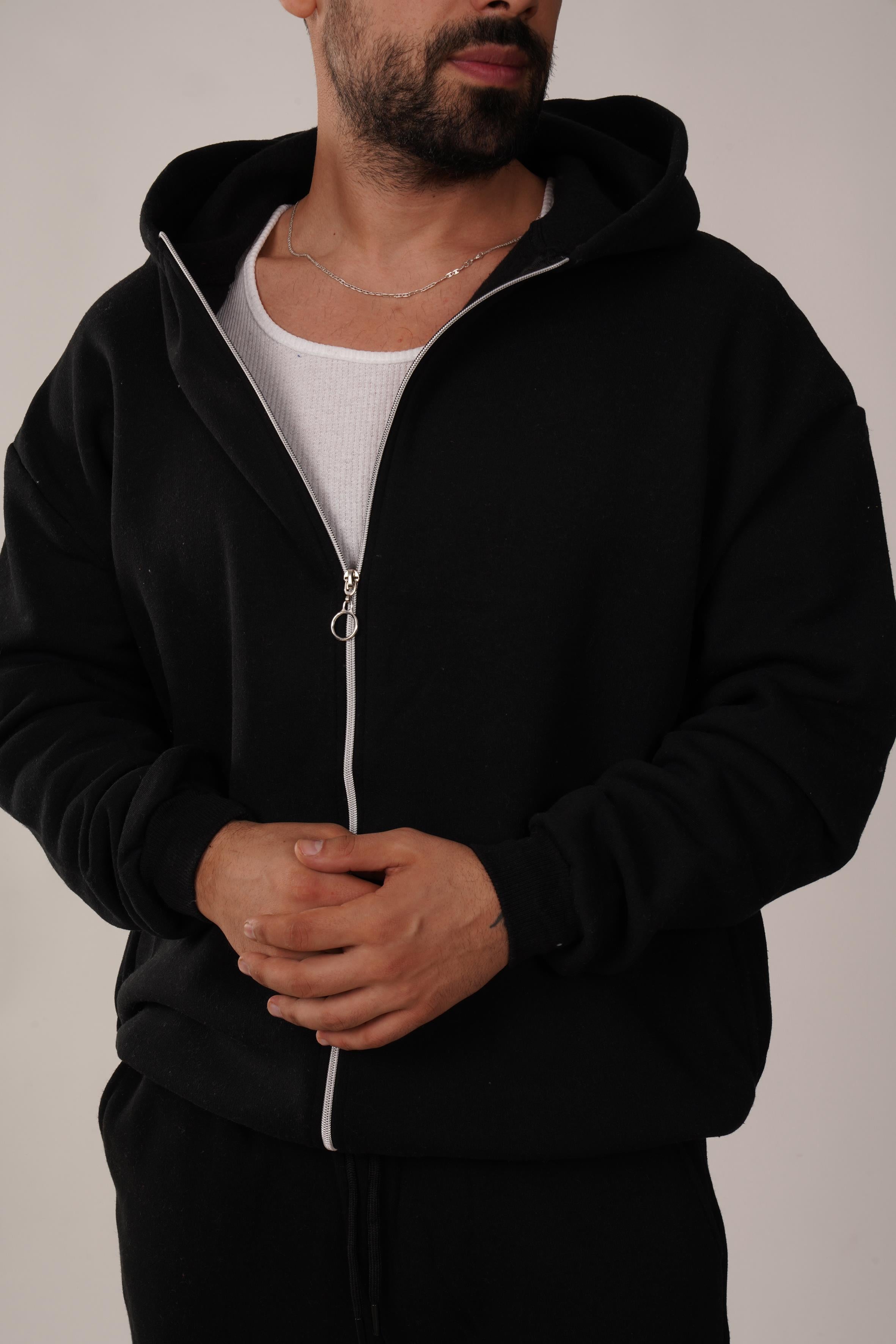 HIRKASiyah 3 İplik Fermuarlı Kapşonlu Hoodie