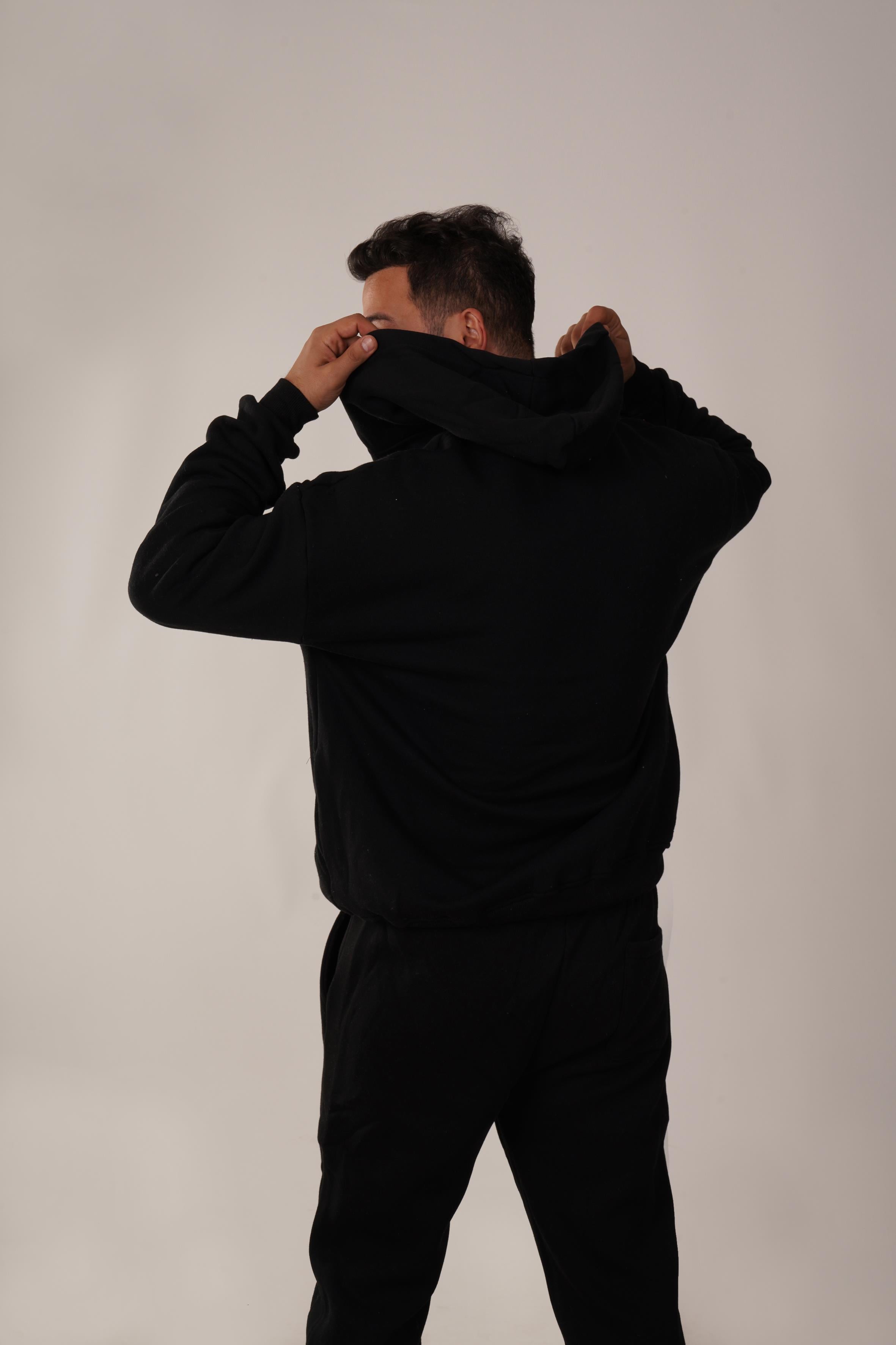 HIRKASiyah 3 İplik Fermuarlı Kapşonlu Hoodie