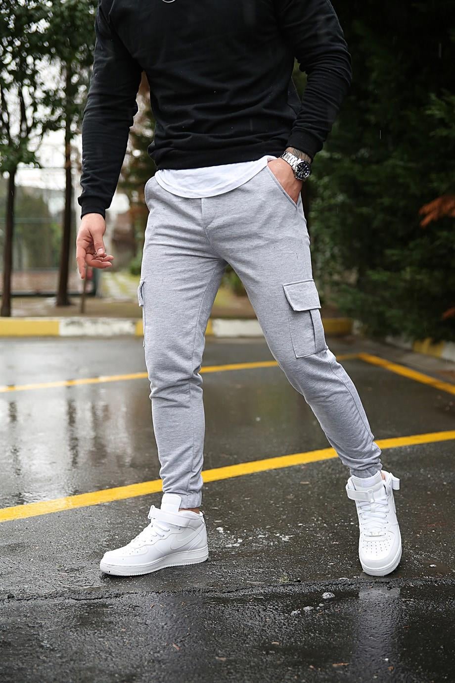 JOGGERErkek Gri Düz Kargo  Paça Lastikli Jogger