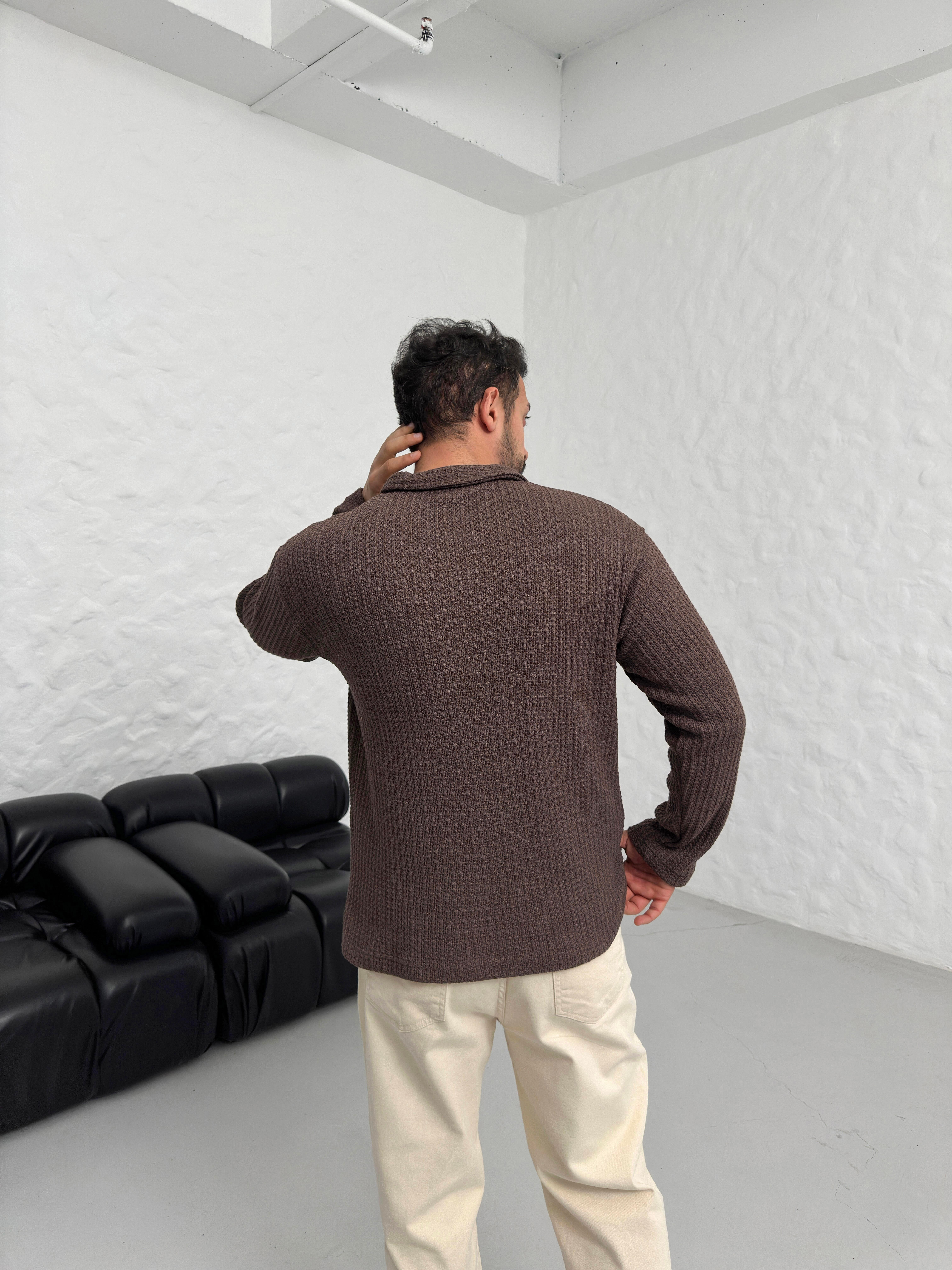 KAZAKKahve Patlı Kare Desen Örme Triko SNZ M8456