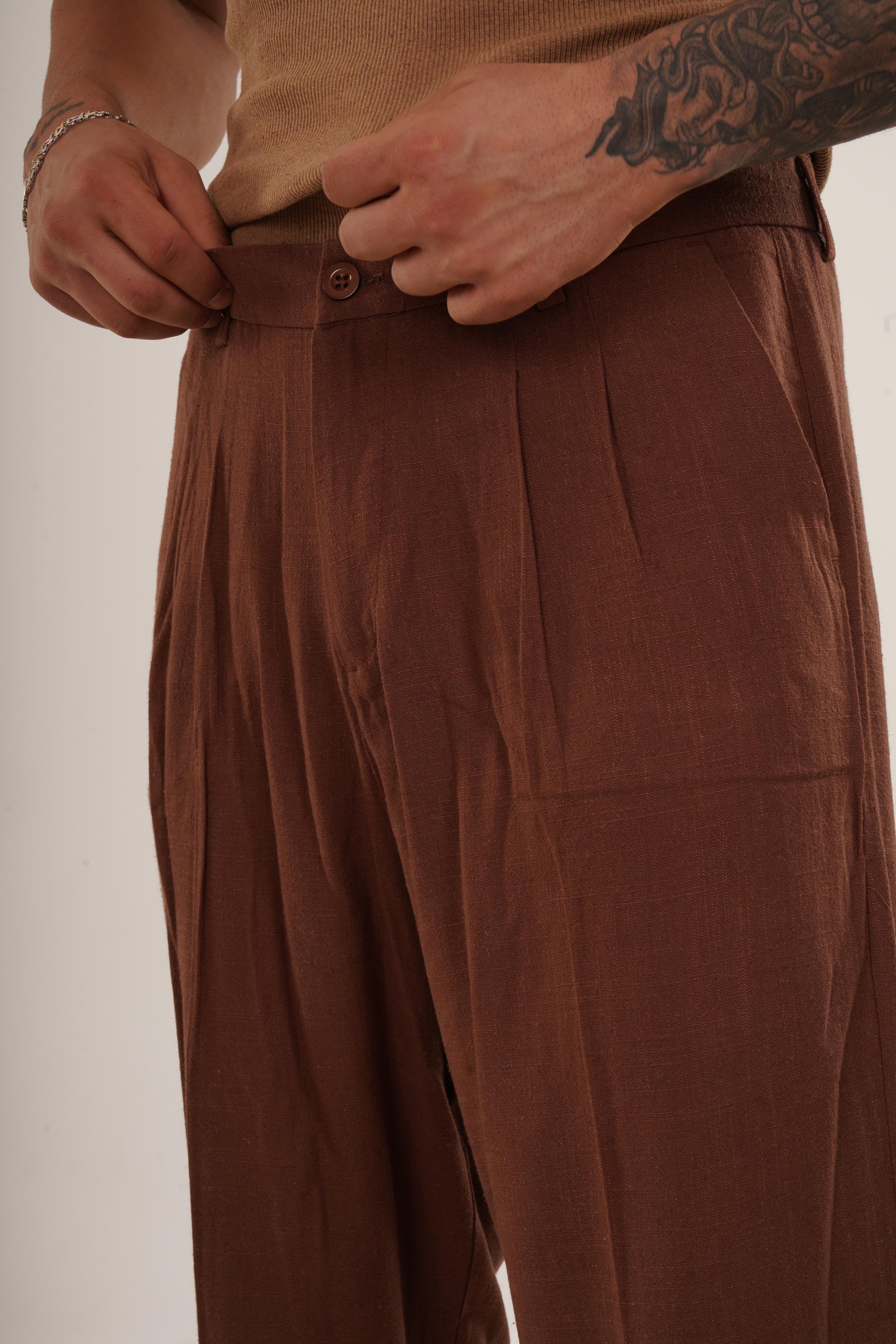 KETEN PANTOLONKahve Ham Keten Baggy Pantolon SNZ 4609