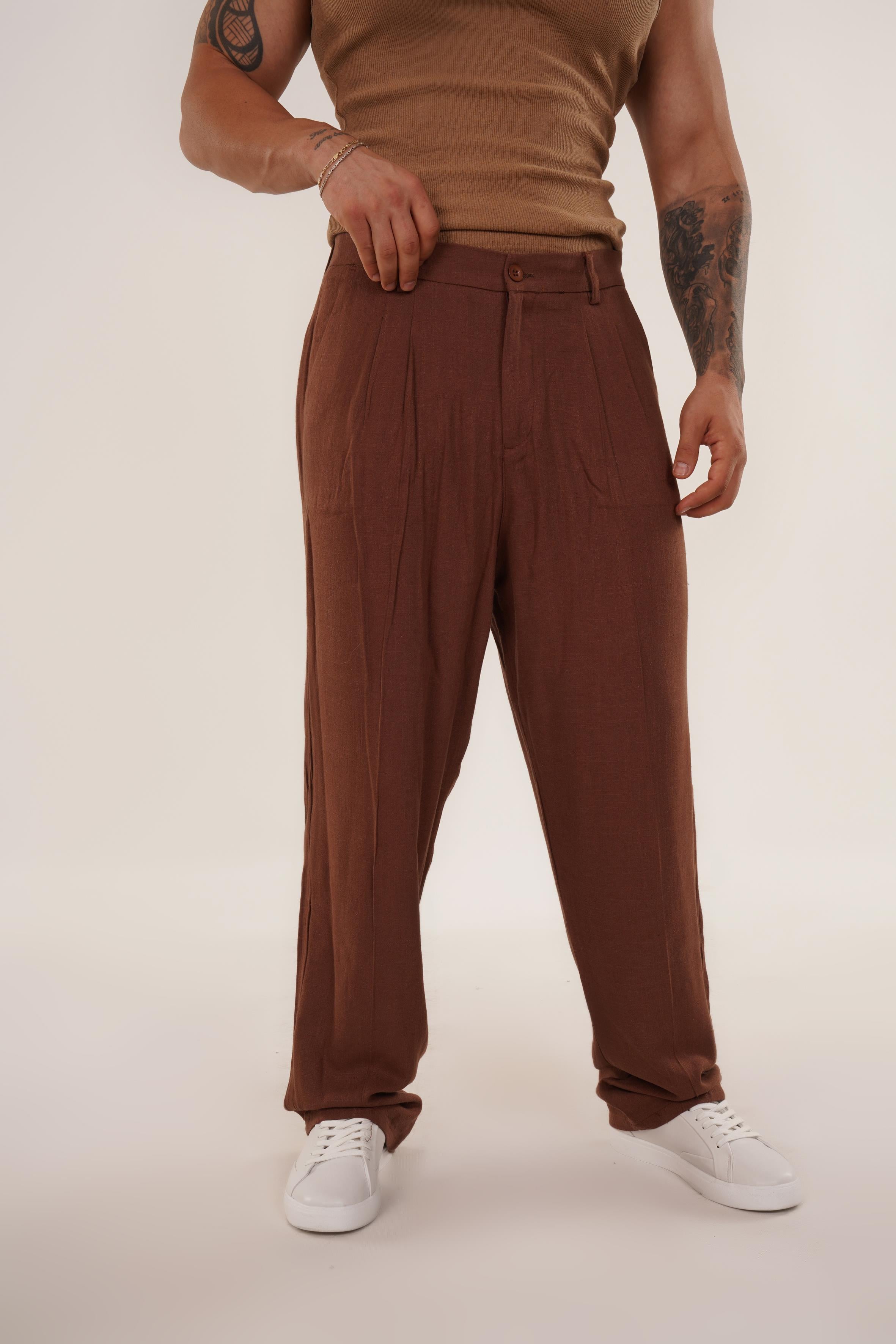 KETEN PANTOLONKahve Ham Keten Baggy Pantolon SNZ 4609