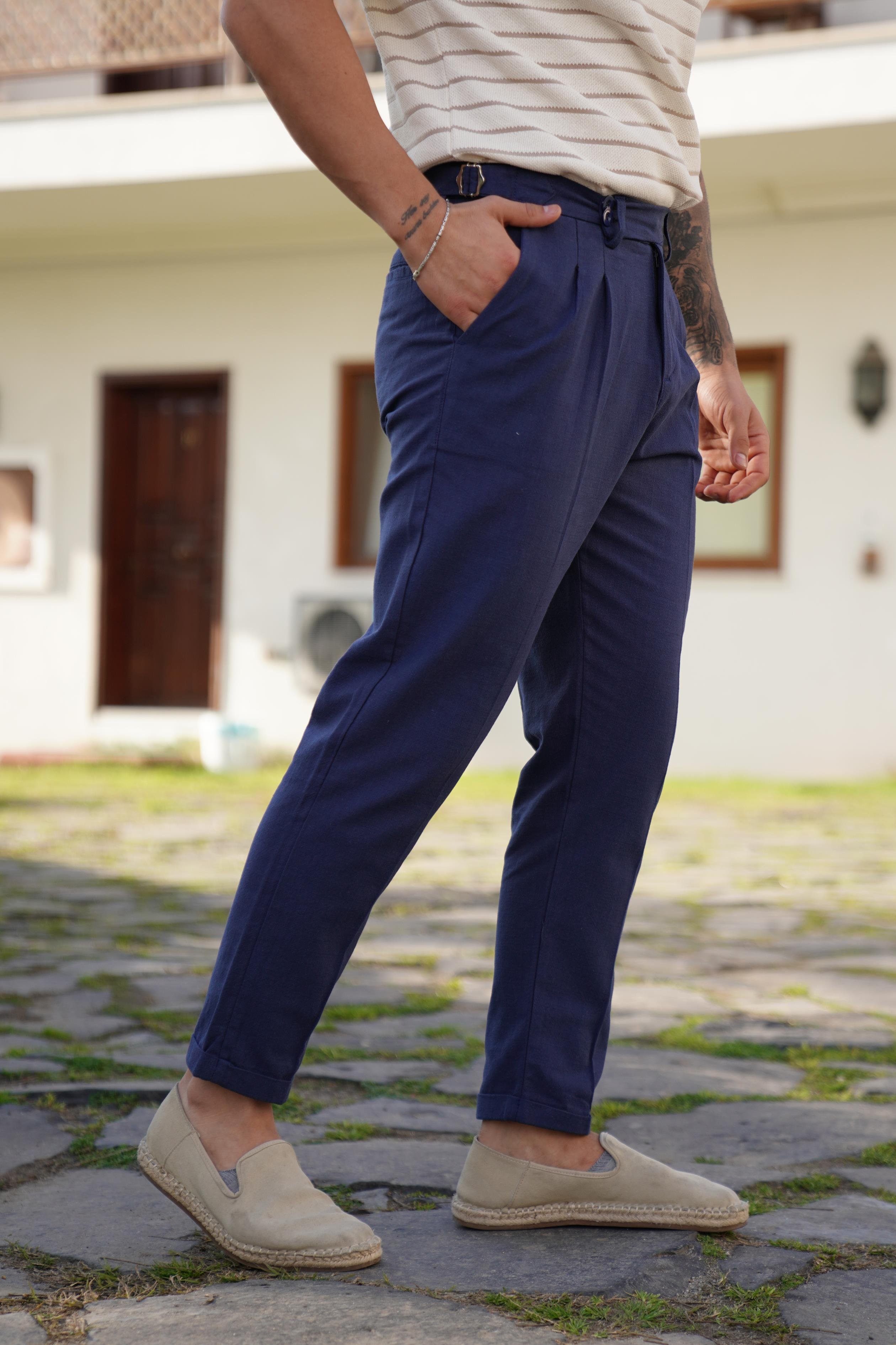 KETEN PANTOLONLacivert Tokalı Duble Boru Paça Keten Pantolon SNZ 3938